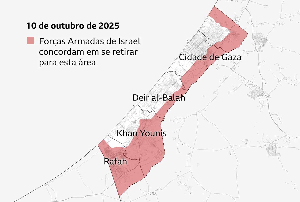 Mapa da Faixa de Gaza com data de 10 de outubro de 2025, mostrando a área em Gaza para onde as forças israelenses concordaram em se retirar inicialmente, como parte do acordo de paz. A área é uma larga zona-tampão em torno da fronteira interna da Faixa de Gaza, com uma grande parte de Rafah e Khan Younis