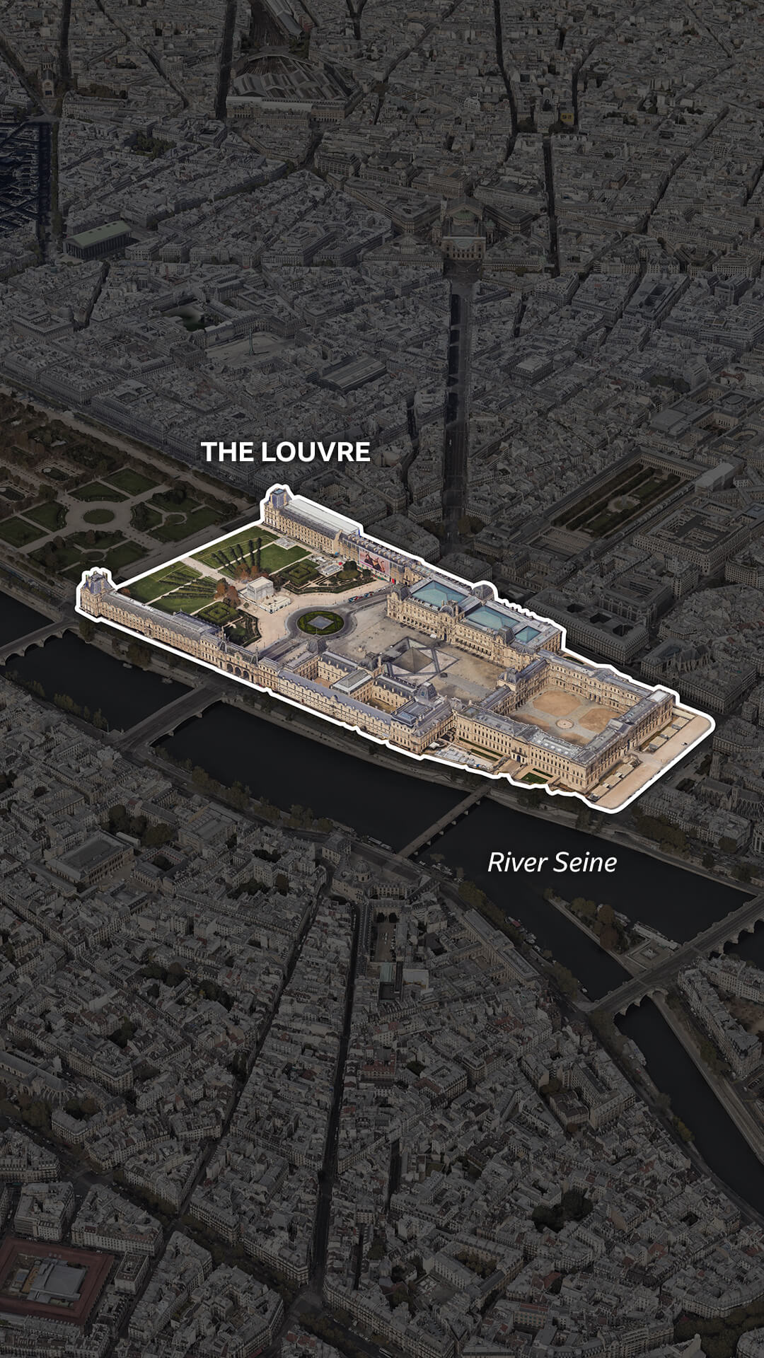 Një pamje ajrore e Parisit nga Google Earth, me fokus në Muzeun e Luvrit siç shihet nga jugu. Modeli 3D i ndërtesave që përbëjnë Luvrin është i theksuar me lumin Sena përpara dhe Jardin des Tuileries në perëndim.