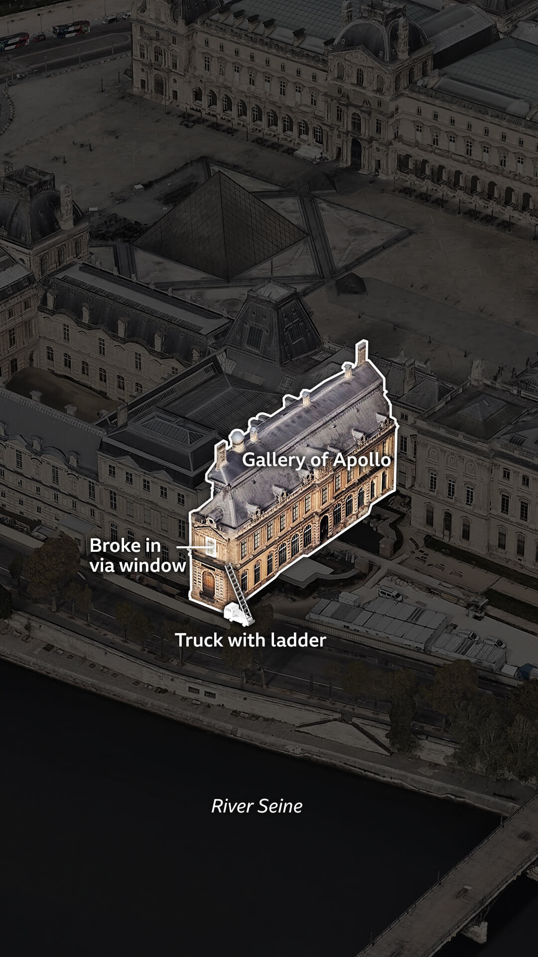 Një imazh tjetër nga Google Earth, me një pamje më të afërt të krahut të ndërtesës ku ndodhet Galeria e Apollonit, që tregon pozicionin e saj në cepin juglindor të muzeut. Shfaqet një model i një kamioni me një shkallë mekanike të mbështetur në ndërtesë, duke treguar se si grabitësit arritën të hynin në galeri në katin e parë.