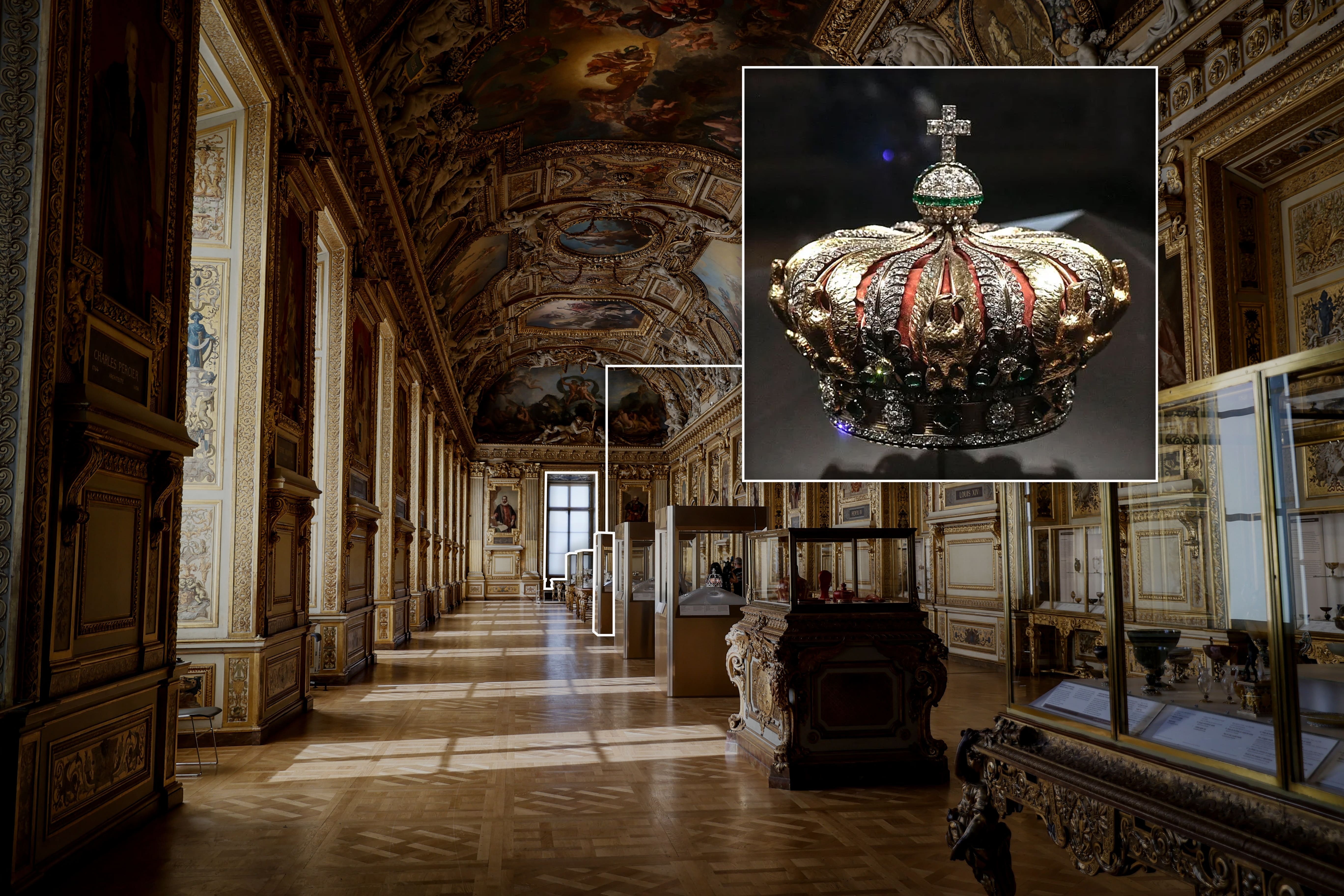Interior view of the Apollo Gallery in the Louvre Museum, Paris, showcasing its opulent Baroque design. The vaulted ceiling is richly adorned with gold detailing, intricate moldings, and large painted panels depicting mythological scenes. Gilded frames and sculptures line the walls, while visitors walk along the polished wooden floor, observing artifacts displayed in glass cases and atop ornate golden tables.