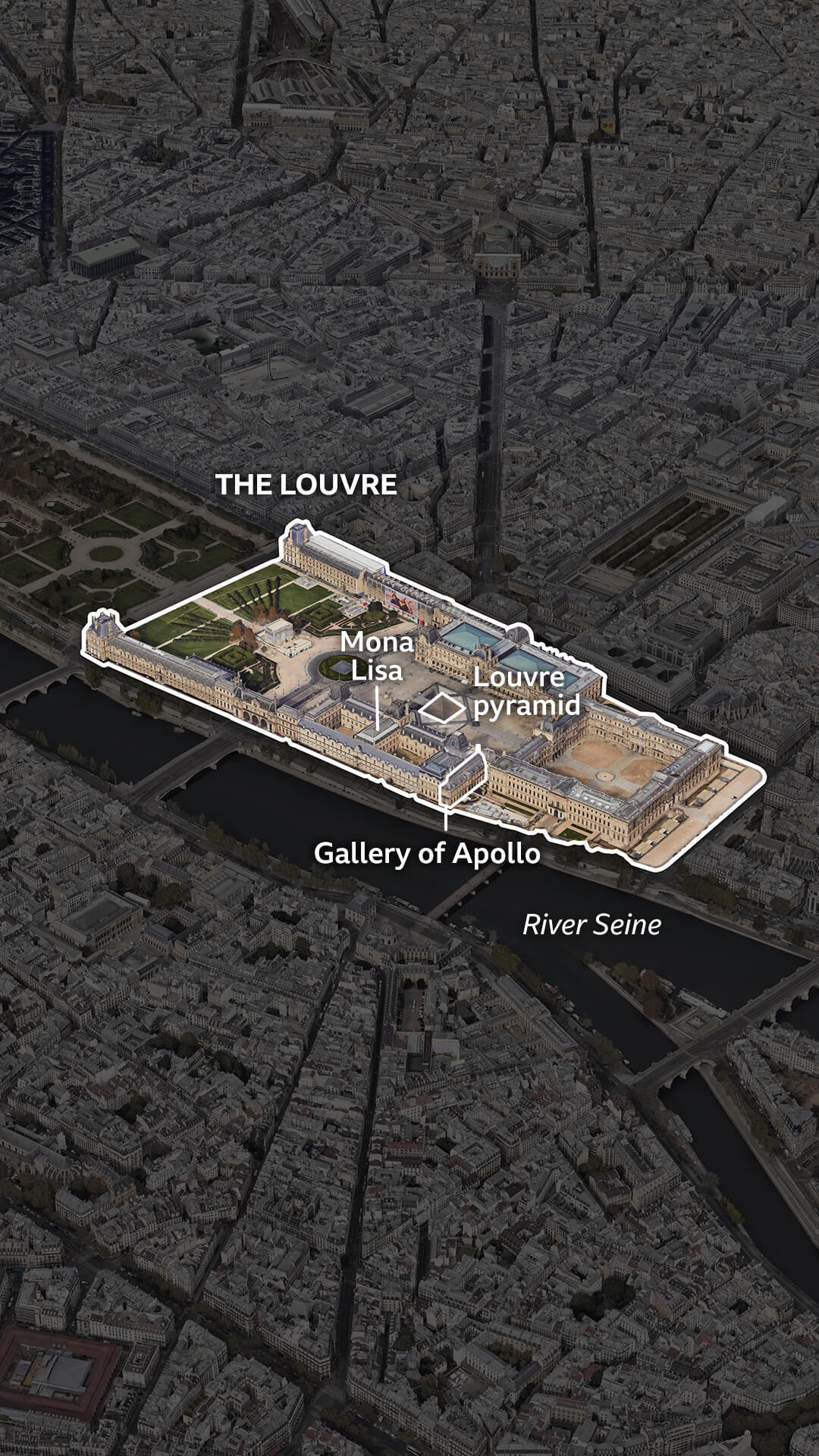 The aerial view of the Louvre now highlights the famous Louvre Pyramid in the central courtyard and the Gallery of Apollo on the south side of the building where a major road runs between the gallery and the Seine. The location of the Mona Lisa in a nearby gallery is also highlighted.