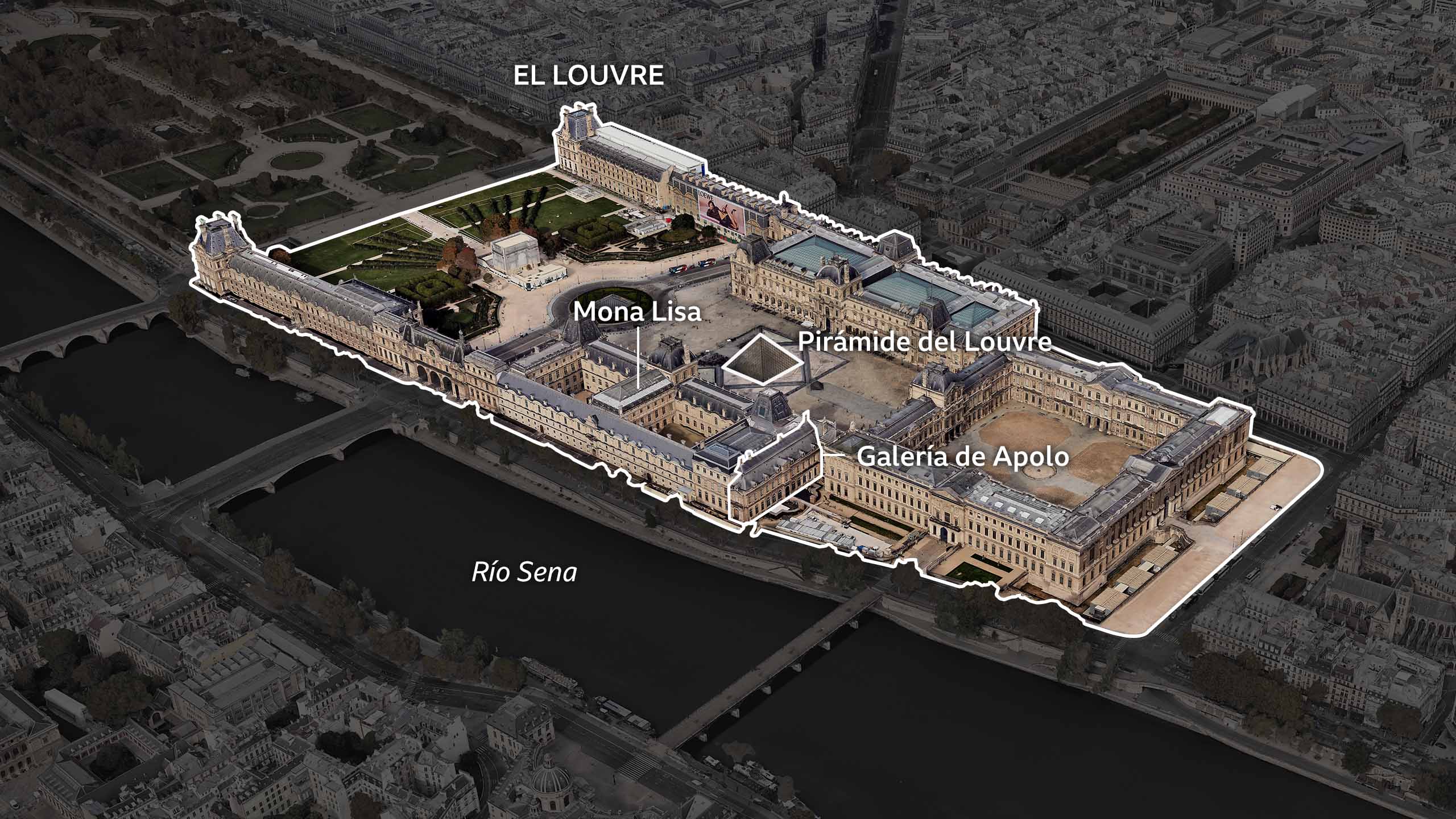 La vista aérea del Louvre destaca ahora la famosa pirámide del Louvre en el patio central y la Galería de Apolo en el lado sur del edificio, donde una importante calle discurre entre la galería y el Sena. También se destaca la ubicación de la Mona Lisa en una galería cercana.