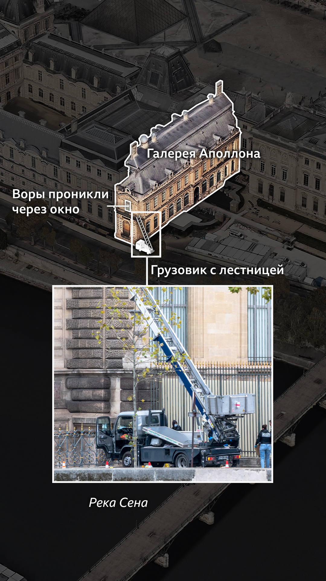 Еще одно изображение из Google Earth, на котором более подробно виден крыло здания, где расположена Галерея Аполлона, и его положение в юго-восточном углу музея. На изображении видна модель грузовика с механической лестницей, прислоненной к зданию, демонстрирующая, как грабители проникли в галерею на первом этаже.