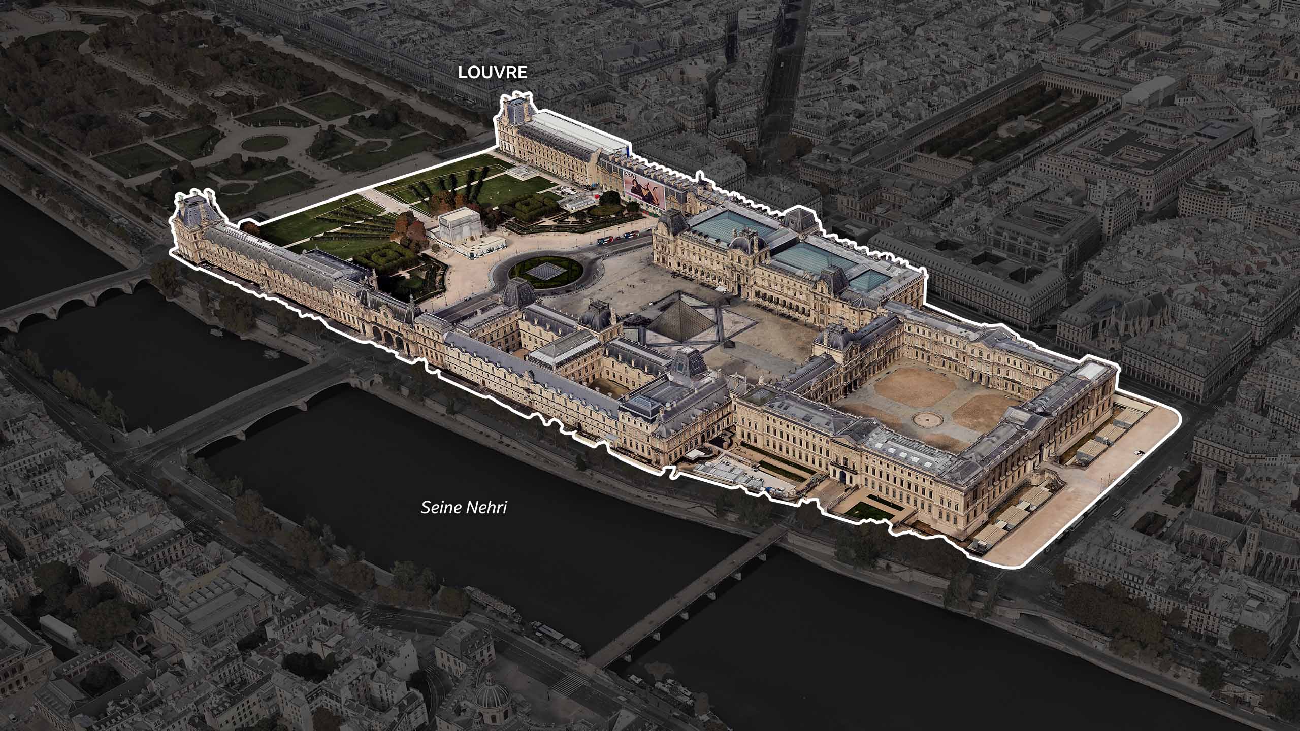 Paris'in Google Earth görüntüsü. Louvre müzesine odaklanılıyor. 