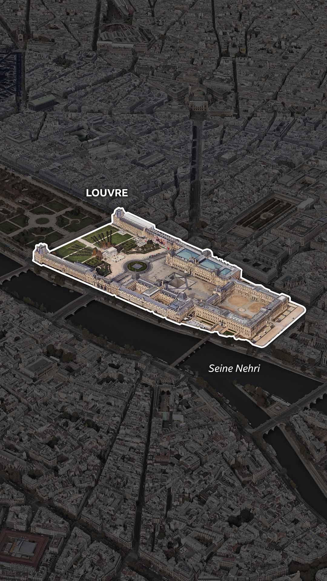 Paris'in Google Earth görüntüsü. Louvre müzesine odaklanılıyor. 