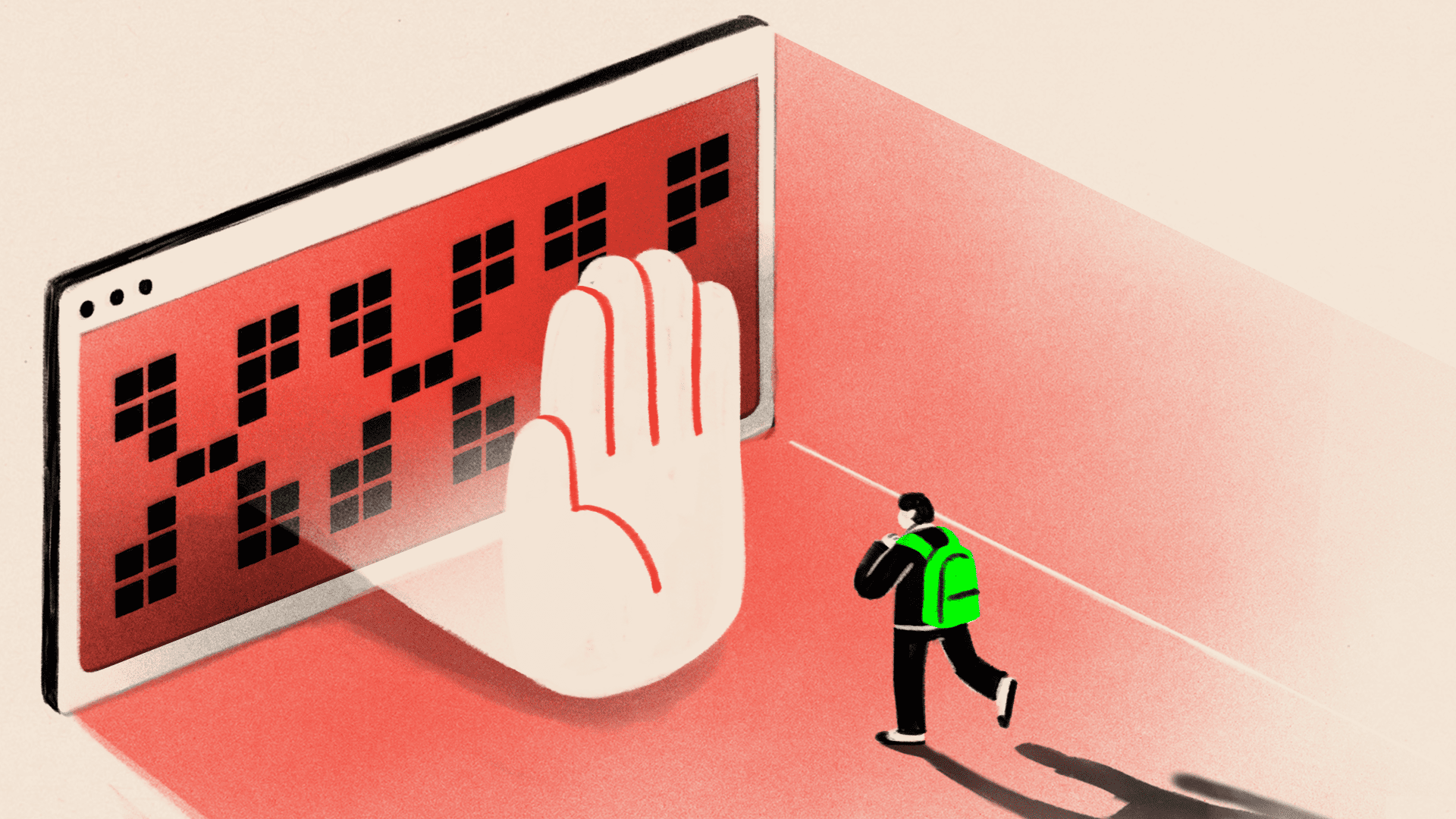A black figure with a green bagpack looks at a screen with a hand coming out