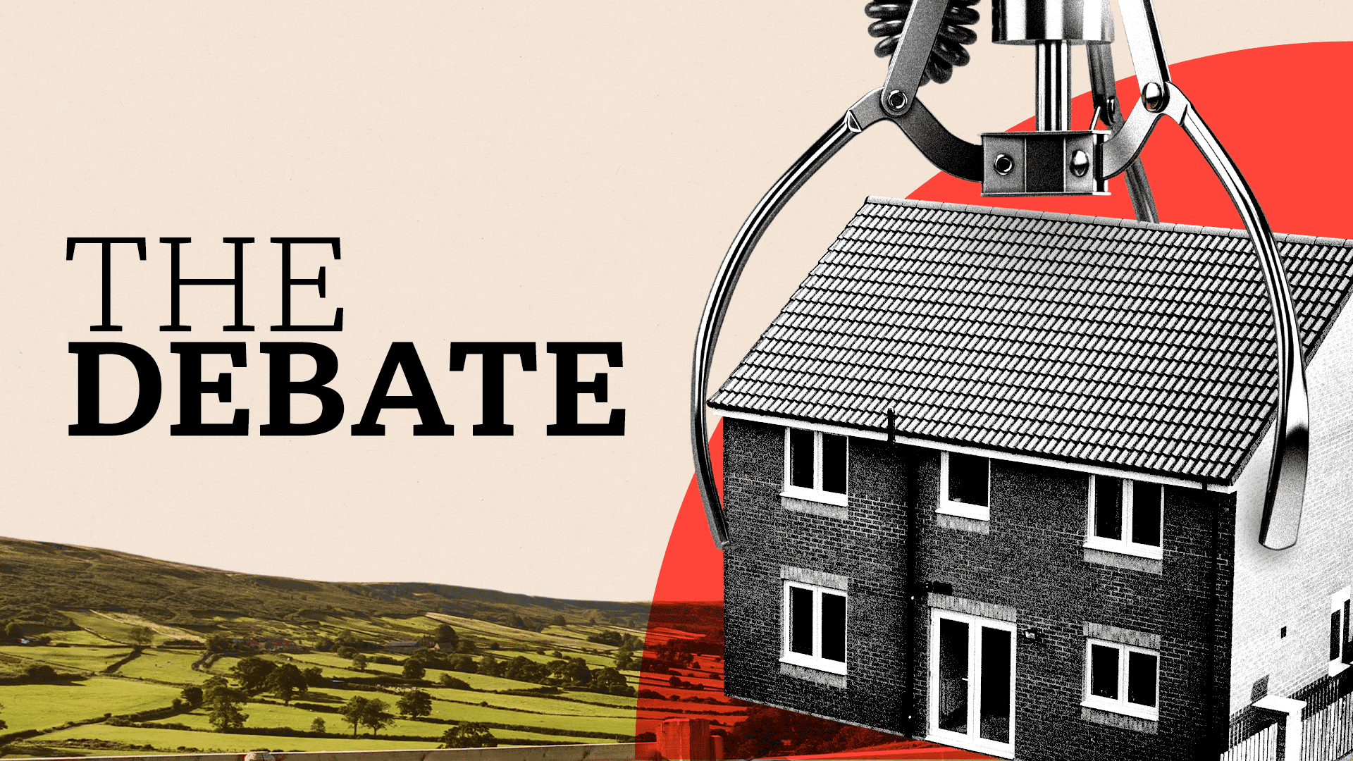 A house in a claw hovering over the countryside 