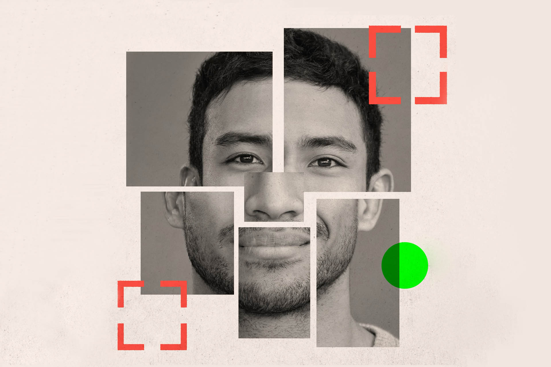 A collage of a man's face broken into different squares. There is also red squares and a green circle