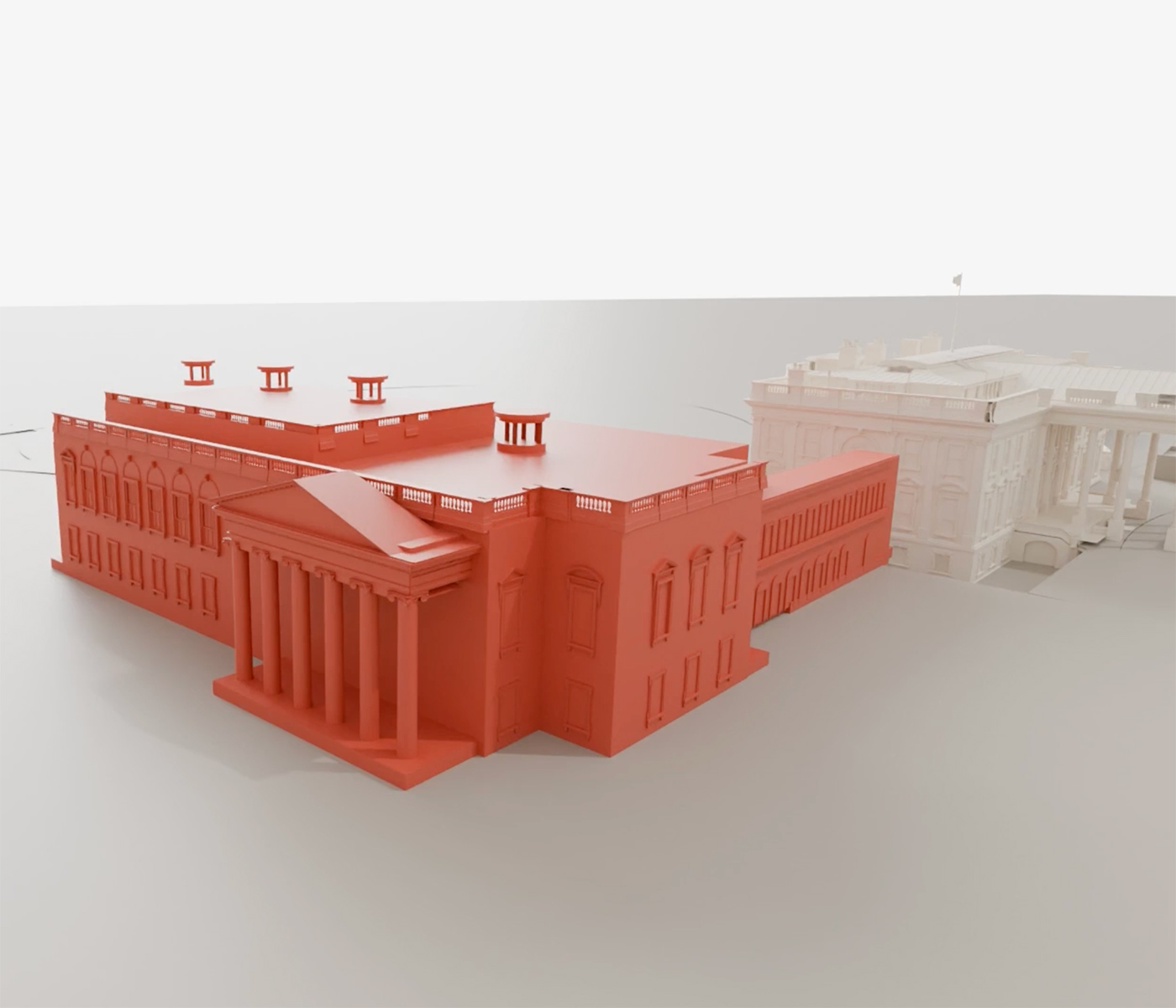 A 3D model of the White House showing Donald Trump’s proposed ballroom highlighted in bright red, positioned where the East Wing previously stood. The rest of the White House is shown in white in the background, creating a clear contrast between the existing structure and the planned addition. The ballroom section features a large rectangular footprint with classical columns and rooftop details, emphasizing its scale and architectural style.