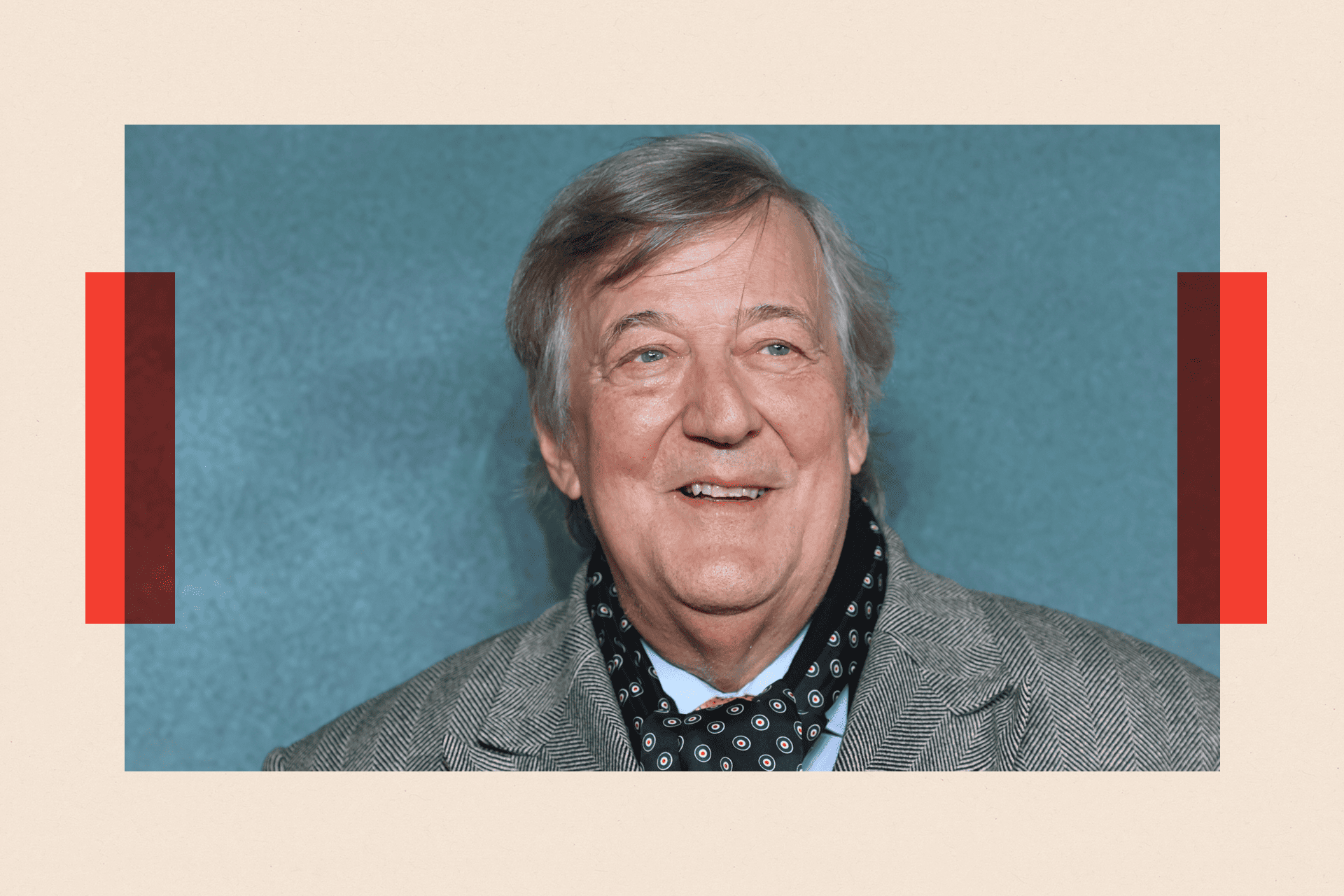 Steven Fry wearing a necktie and smart dress in front of a blue wall. The image is framed on a biege background and with red rectangles on either side.