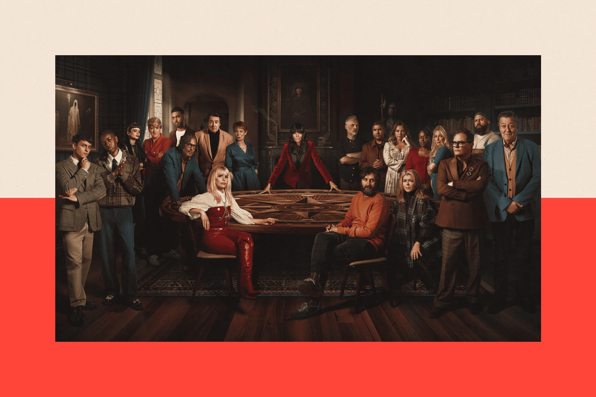 All of the cast of The Celebrity Traitors photoshopped around the round table in a dark room. From left to right, there's Tom Daley, Cat Burns, Ruth Codd, Clare Balding, Niko Omilana, David Olusoga, Paloma Faith, Jonathan Ross, Celia Imrie, Mark Bonnar, Joe Wilkinson, Nick Mohammed, Charlotte Church, Tameka Empson, Kate Garraway, Lucy Beaumont, Alan Carr, Joe Marler, and Stephen Fry. Claudia Winkleman is in the centre.