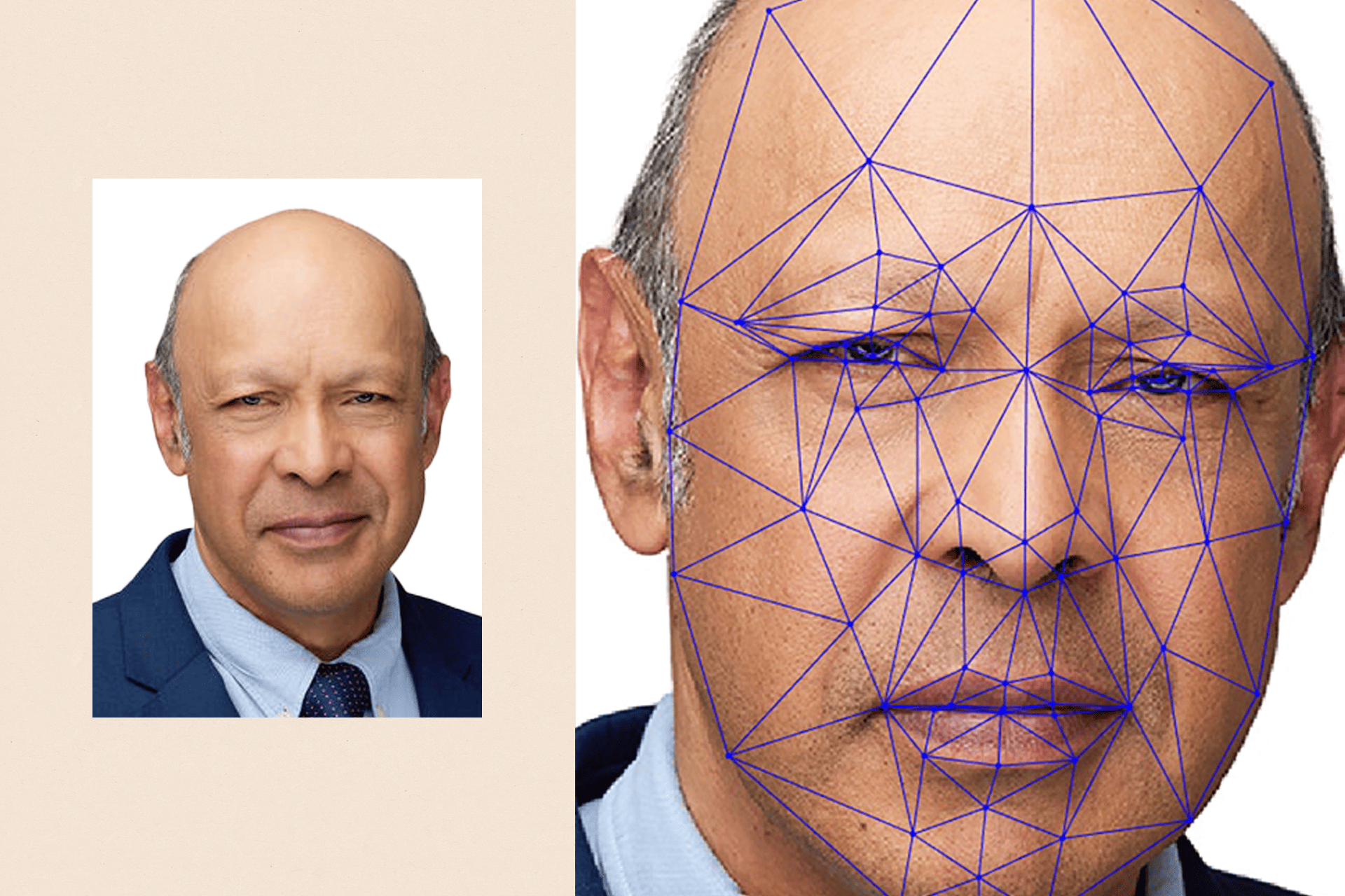 Two profile pictures of Pallab Ghosh. The one on the left is a plain profile. The one on the right is bigger and you can see blue lines showing the symmetry of his face.