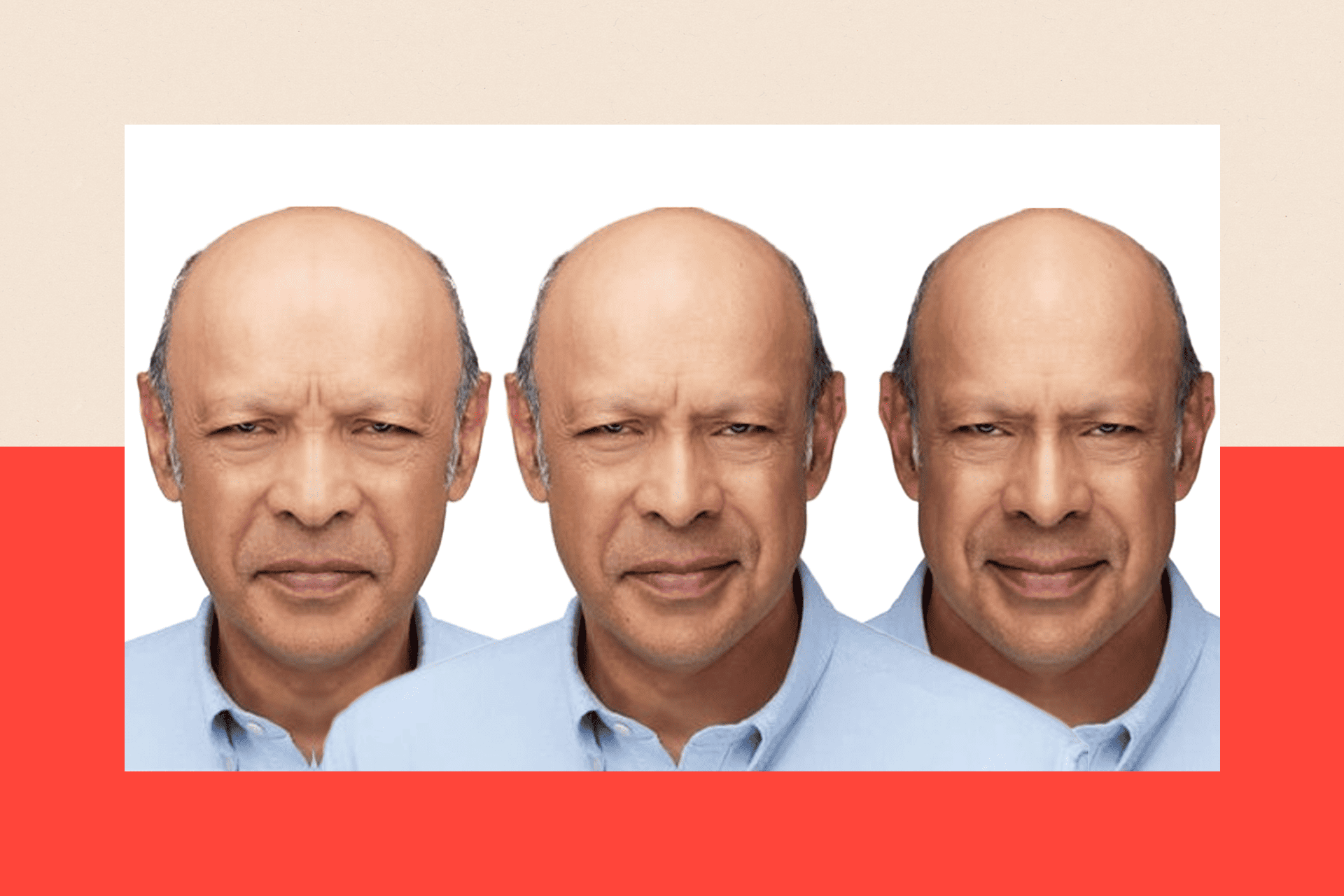 Three headshots of Pallab Ghosh. The one on the far left has a stern expression. The one in the middle has a more relaxed and friendly expression. The one on the far right has a friendly expression with a smile. 