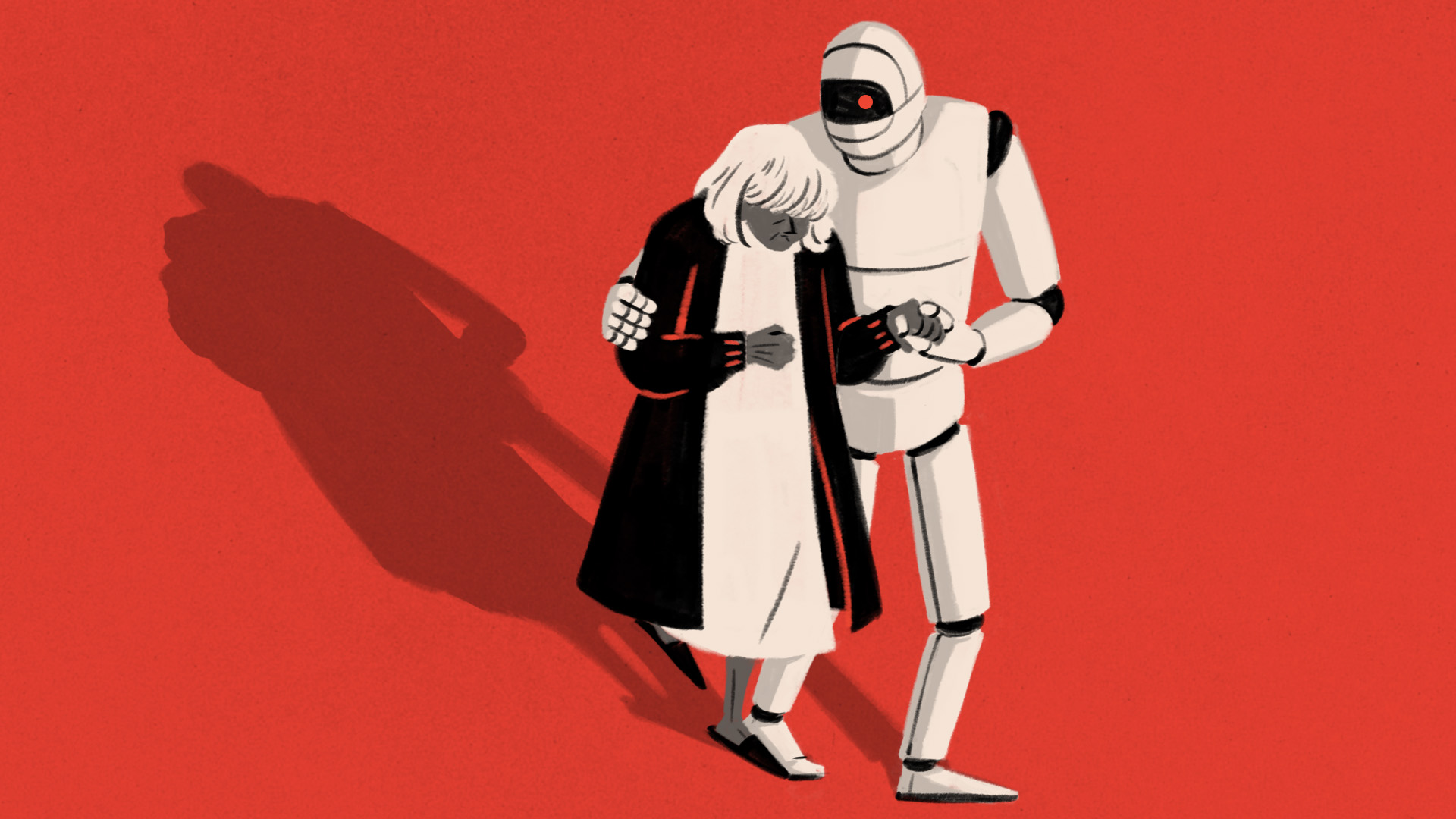 An illustration of a white robot holding an elderly woman's hand.