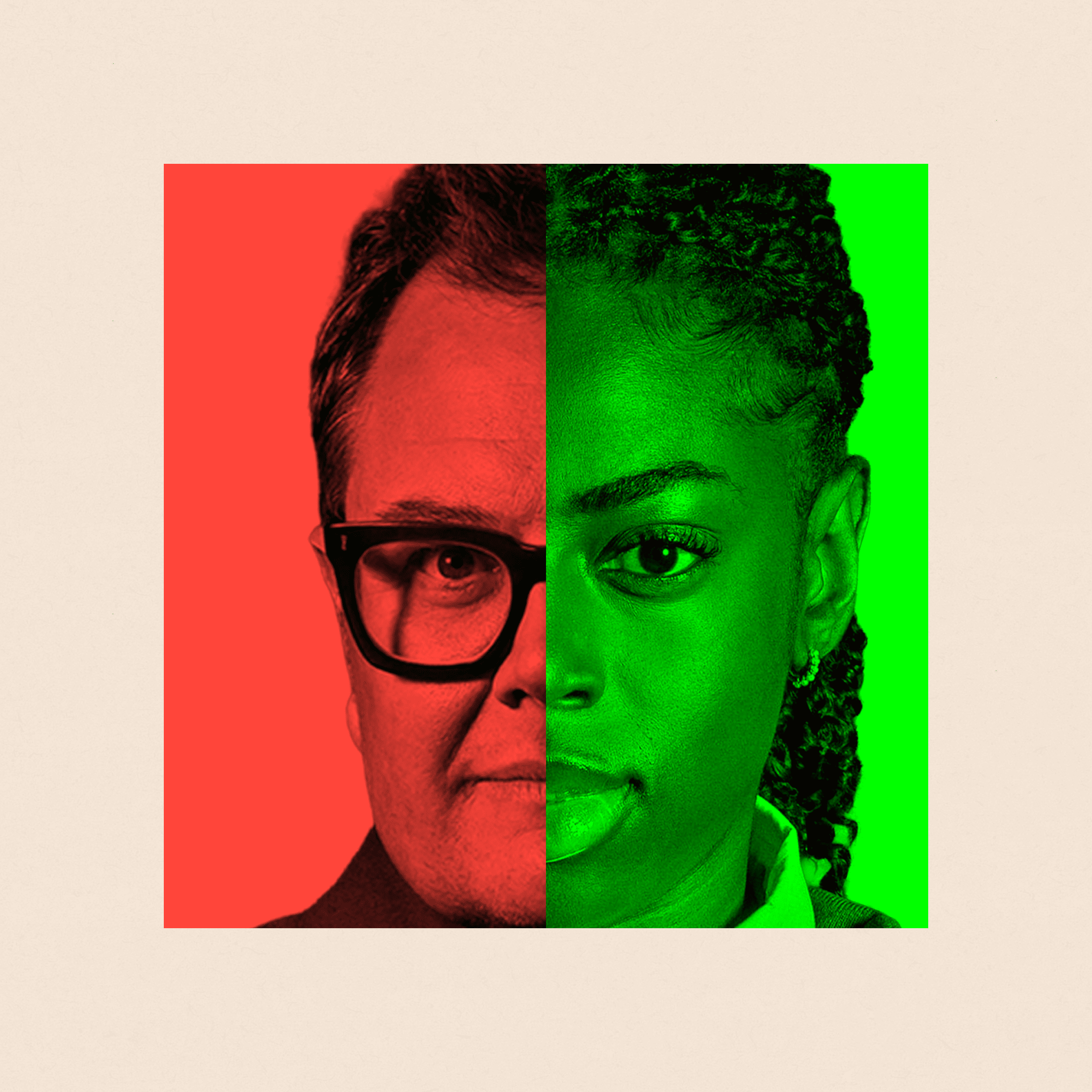 Half of Cat Burn's face and half of Alan Carr's face. Alan's face is red and on the left, Cat's face is green and on the right.