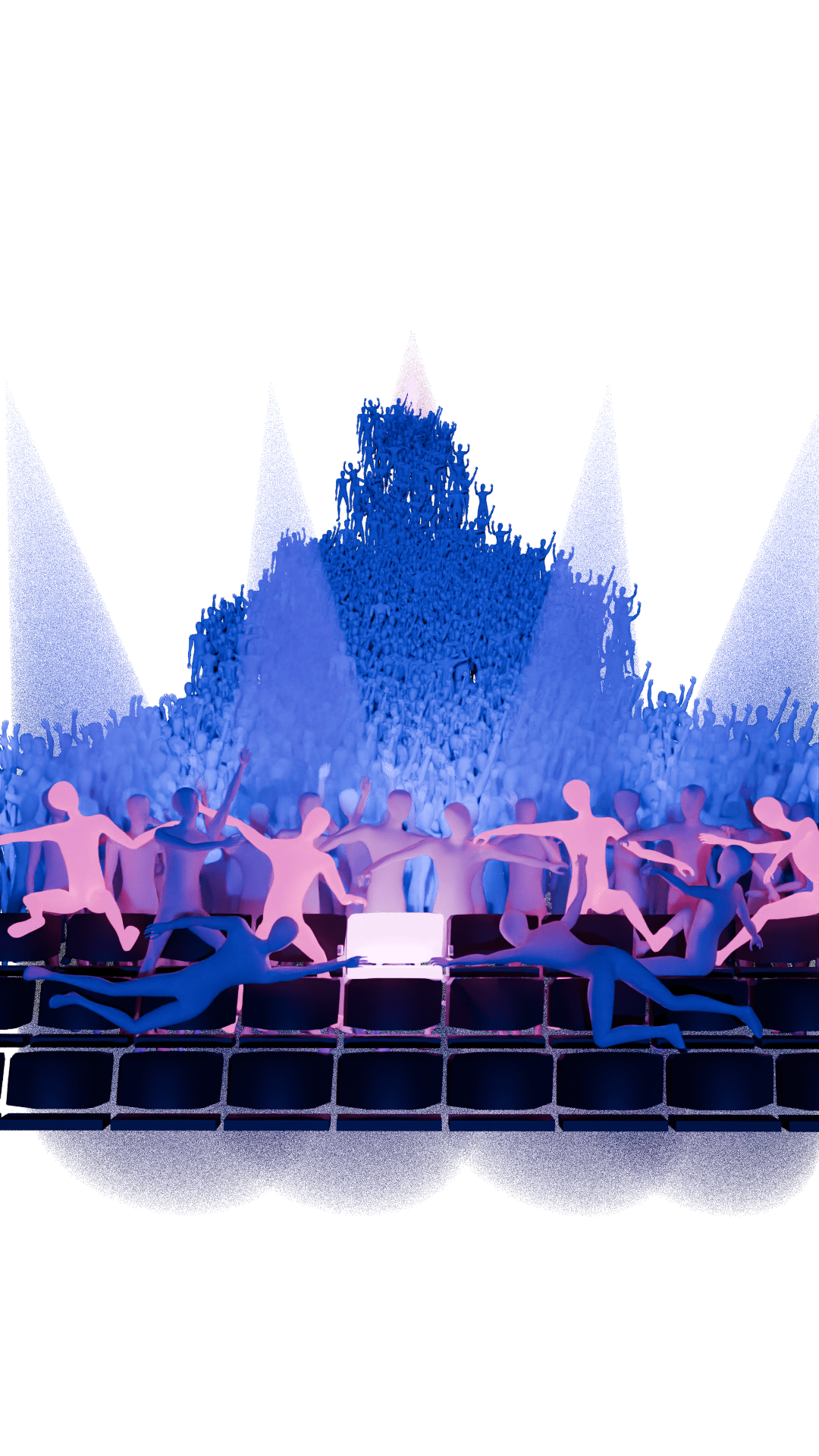 A stylised digital illustration of a stadium with rows of seats in the foreground. In the center, a group of pink and blue humanoid figures are are shown climbing and rushing towards a single seat in the centre. Behind them, a massive crowd of blue figures fills the background, with a single figure highlighted at the back of the crowd.