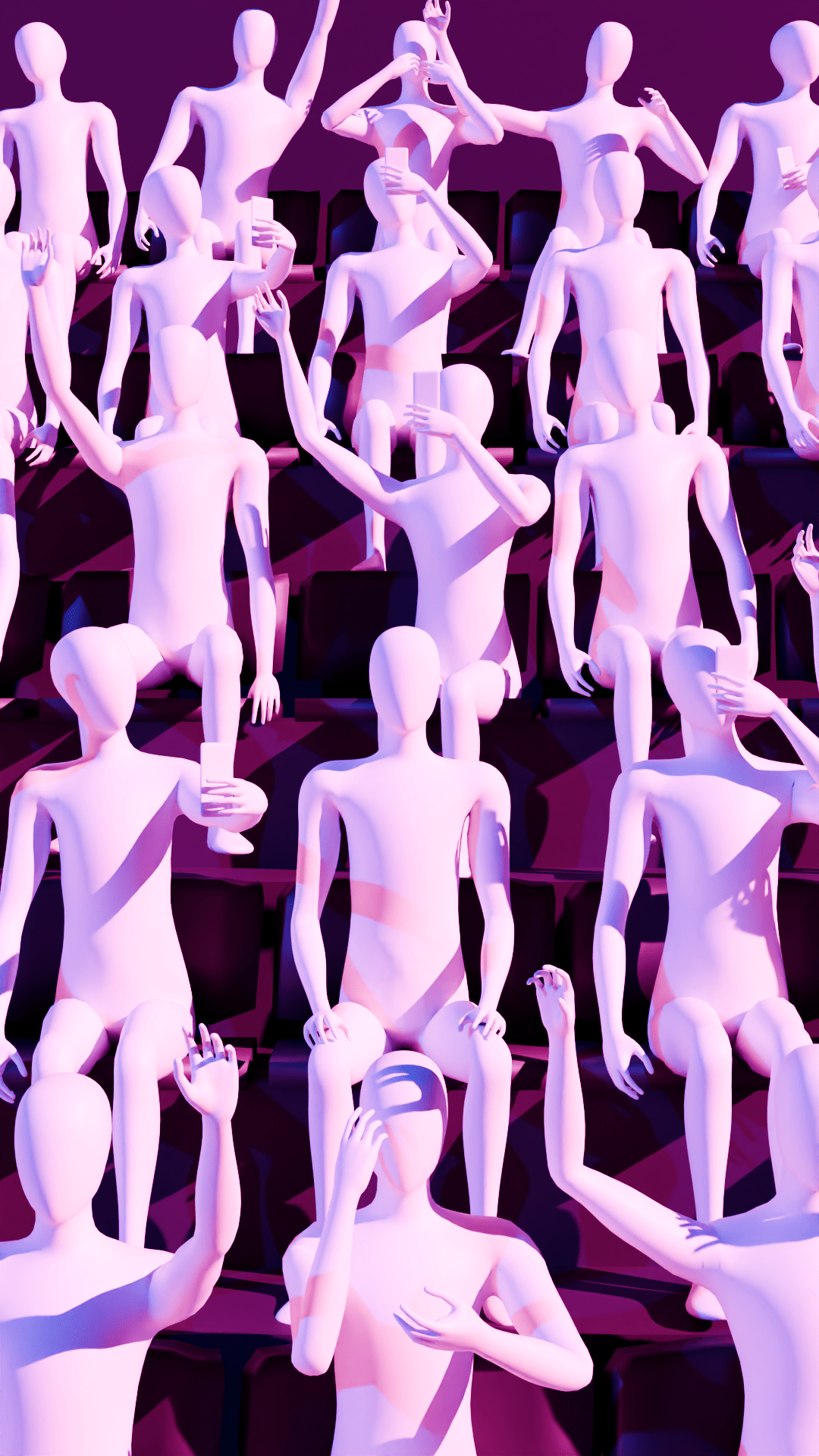 Stylised digital illustration of a crowd in stadium-style seating, composed of faceless humanoid figures in shades of pink and purple. The figures are posed in various positions, some holding drinks, others raising arms or taking photos with smartphones.