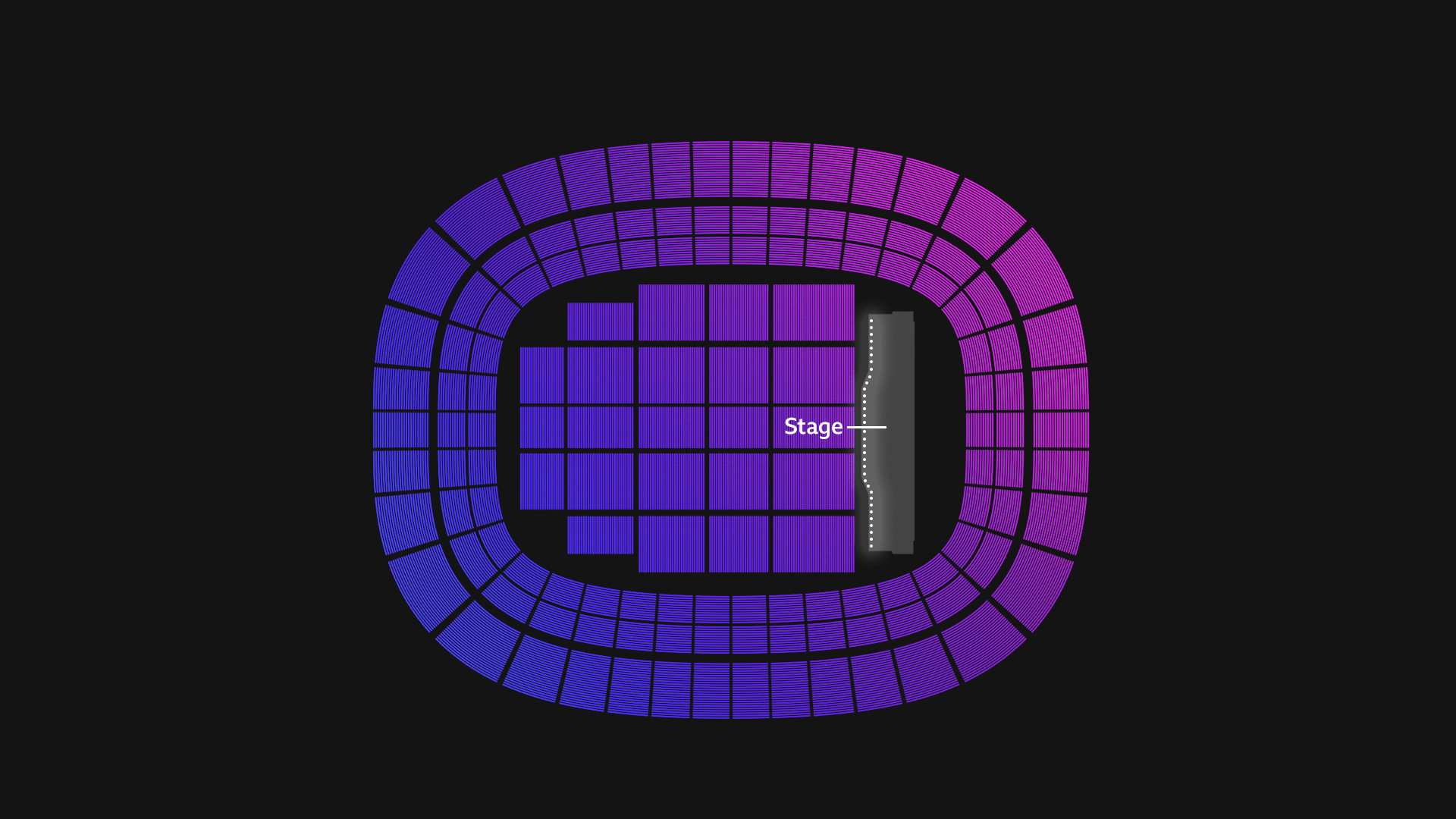 Illustration of a stadium with the seating areas in purple on a black background. A label highlights the stage.