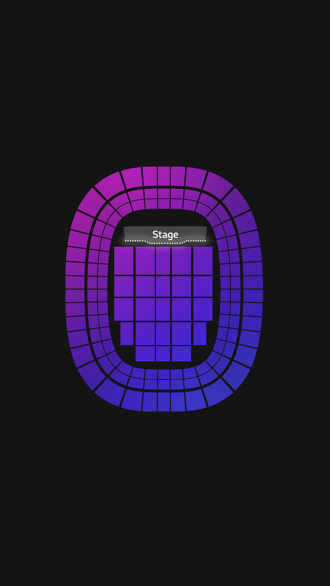 Illustration of a stadium with the seating areas in purple on a black background. A label highlights the stage.