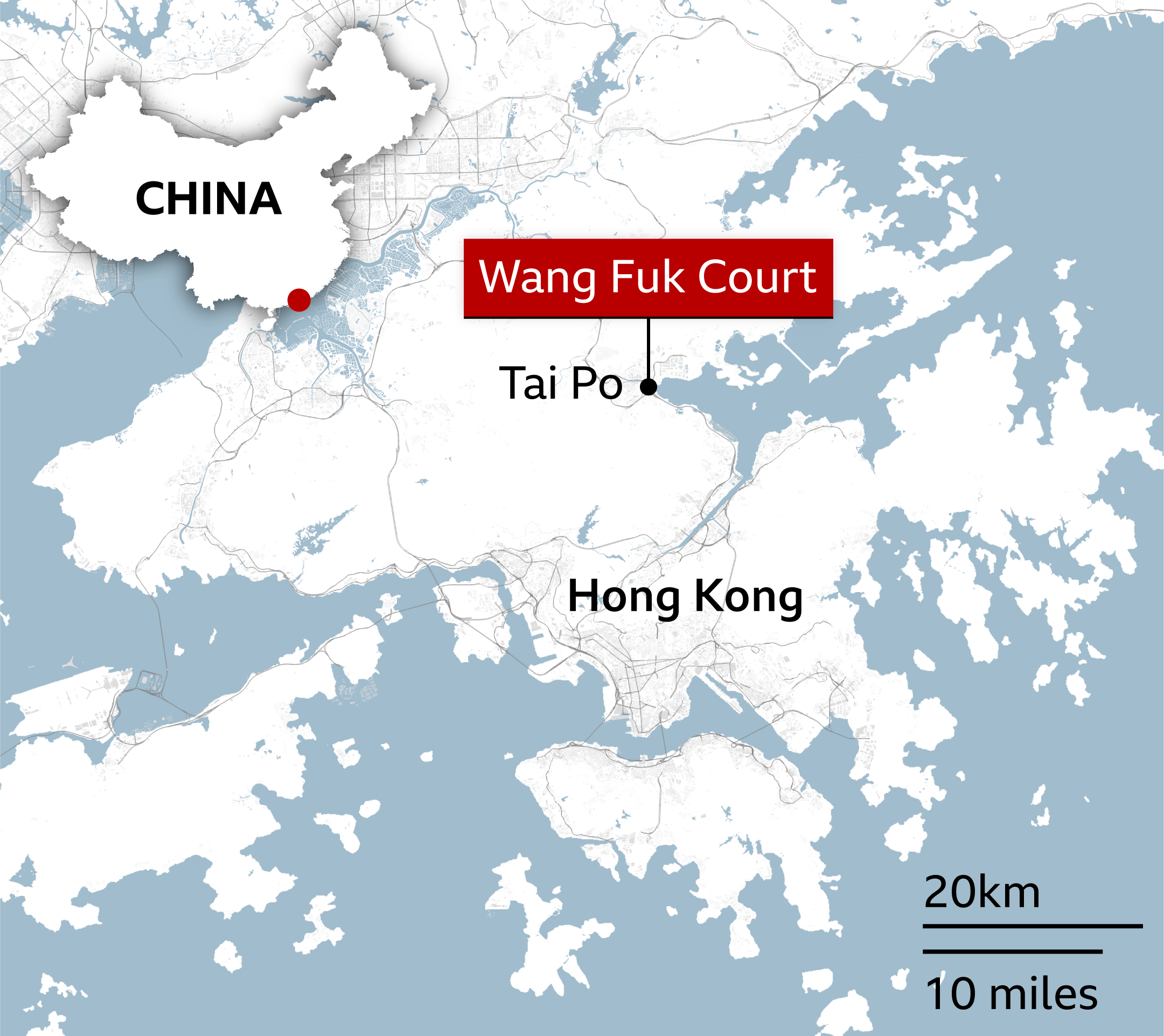 Map showing location of Wang Fuk Court in the Tai Po area of Hong Kong. Locator shows Hong Kong is in south of China