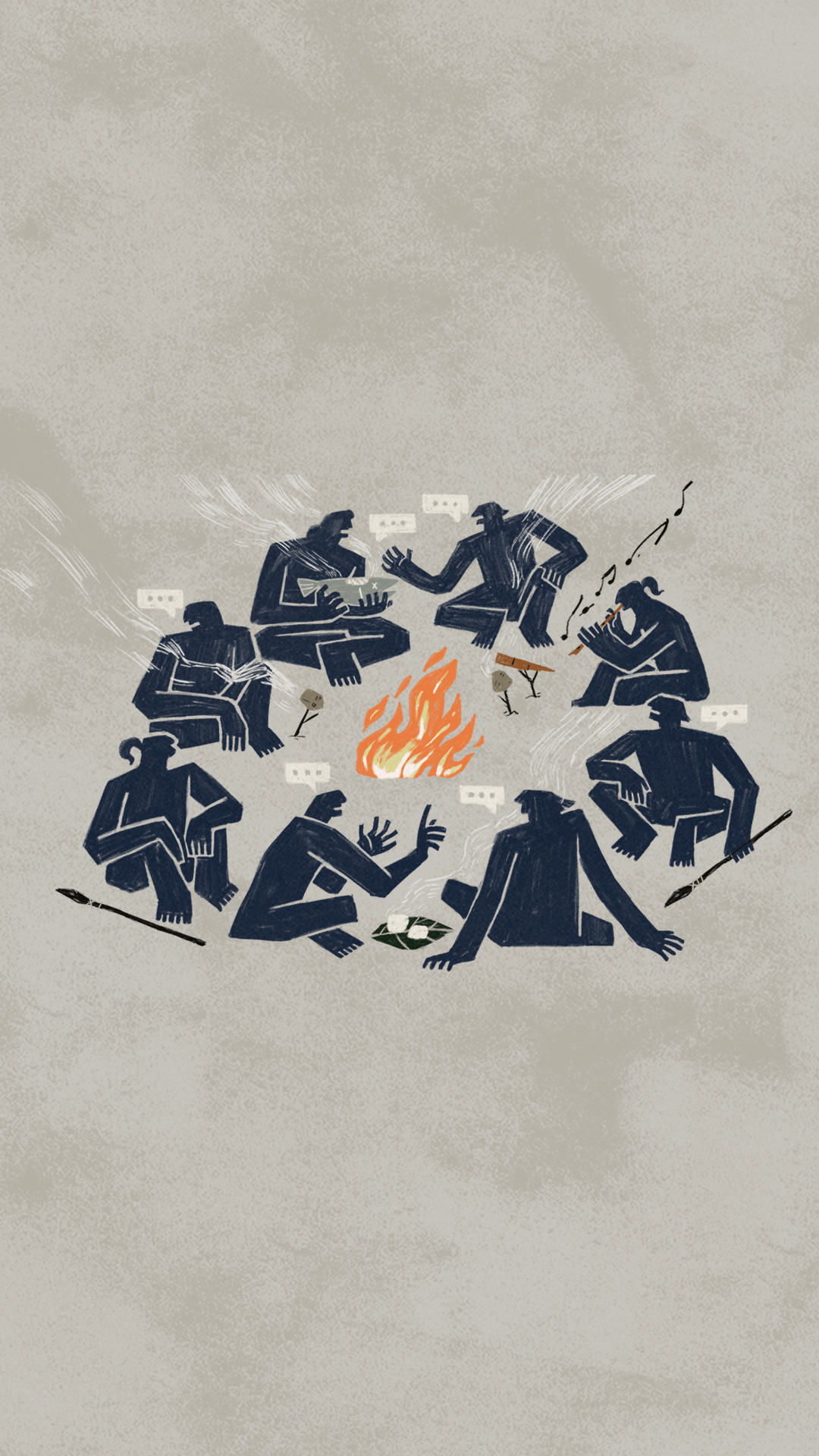 Image in the style of a cave painting showing a group of eight people sitting around a fire. They are talking, cooking and eating, with one playing a flute-like instrument with musical notes flowing from it.
