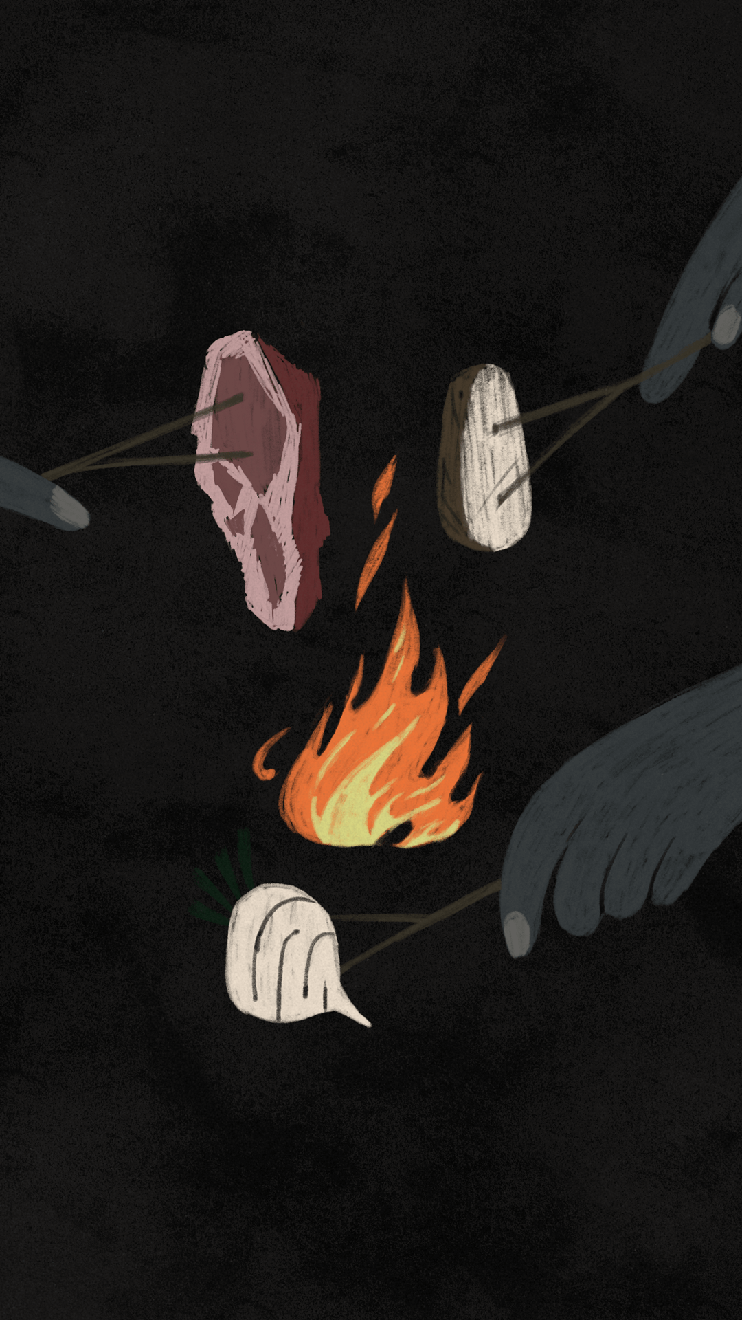An illustration showing a fire with three hands around it holding food - a turnip, a potato and a piece of meat - skewered on sticks and ready to be cooked on the fire.