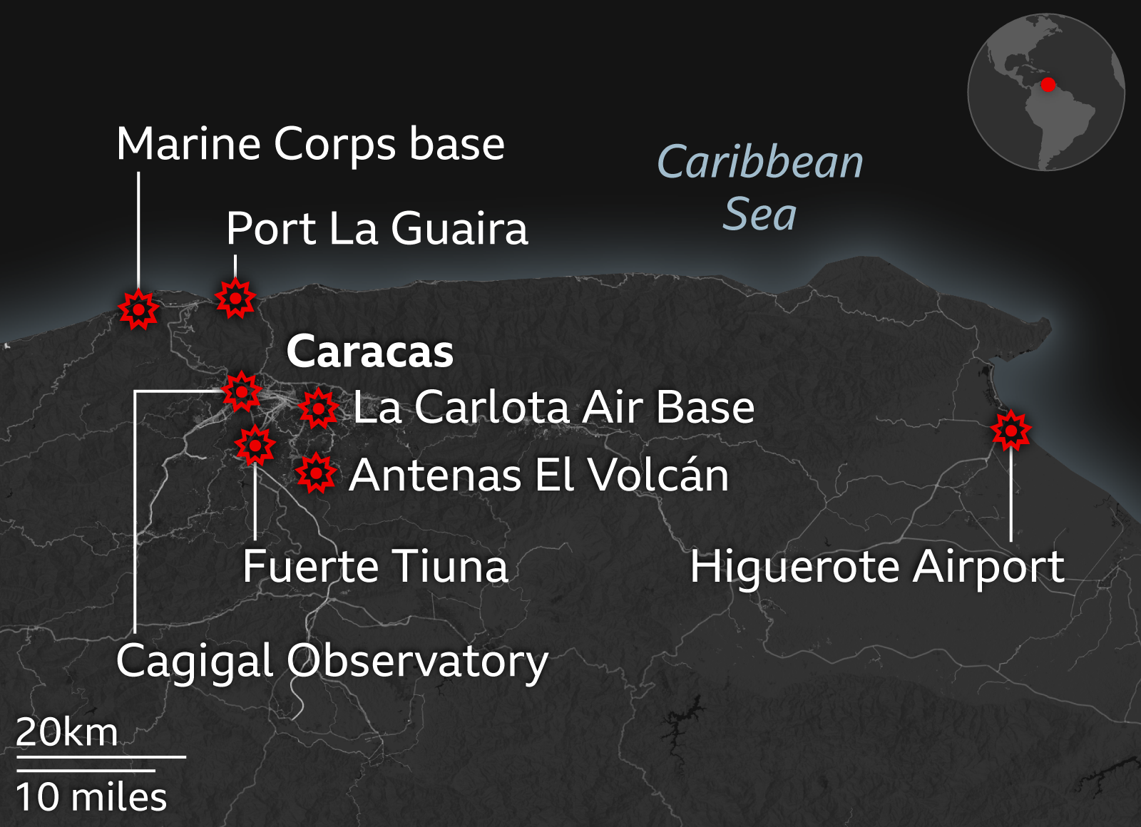 A map of northern Venezuela showing locations marked with red icons indicating strikes. The map highlights Caracas and nearby areas, including Port La Guaira to the north of the city, Cagigal Observatory, La Carlota Air Base, Antenas El Volcán, Fuerte Tiuna in Caracas, and Higuerote Airport on the coast to the east. 