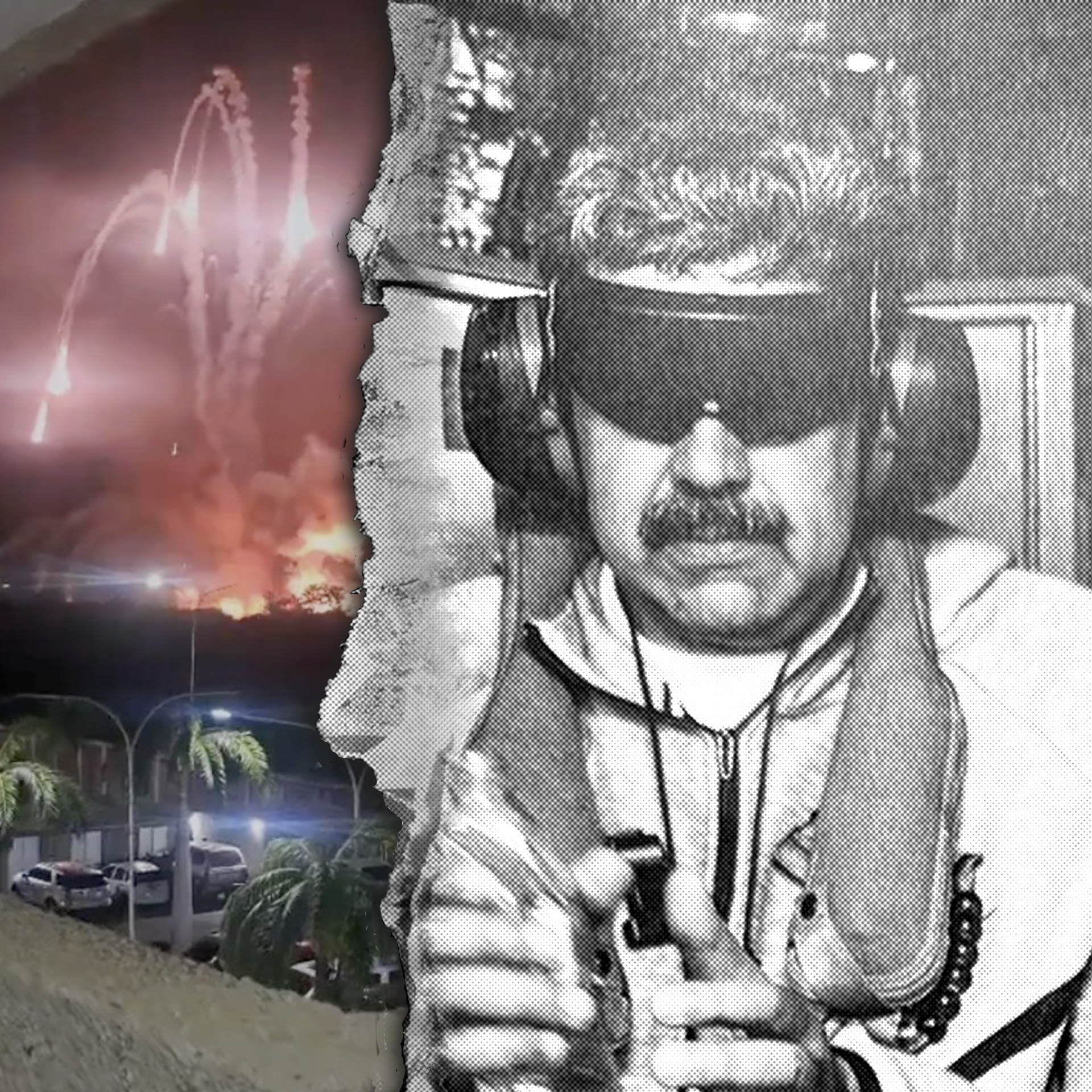 Graphic showing Maduro in cuffs after being captured in Caracas. On the left is an explosion captured on film during the strikes