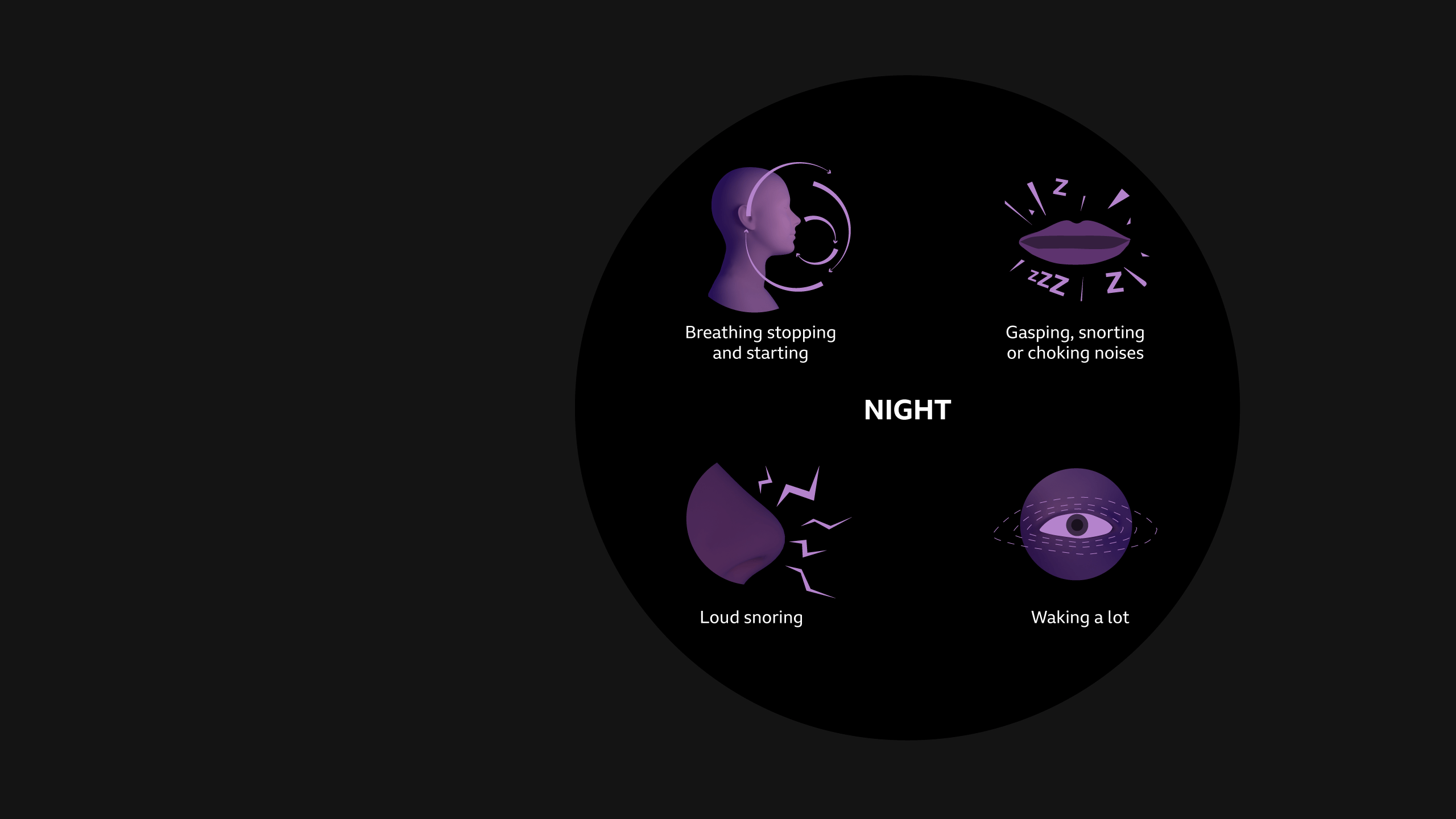 Circular graphic labeled “NIGHT” showing common night-time symptoms: breathing stopping and starting, gasping/snorting or choking noises, waking frequently, and loud snoring, illustrated with purple icons on a dark background.