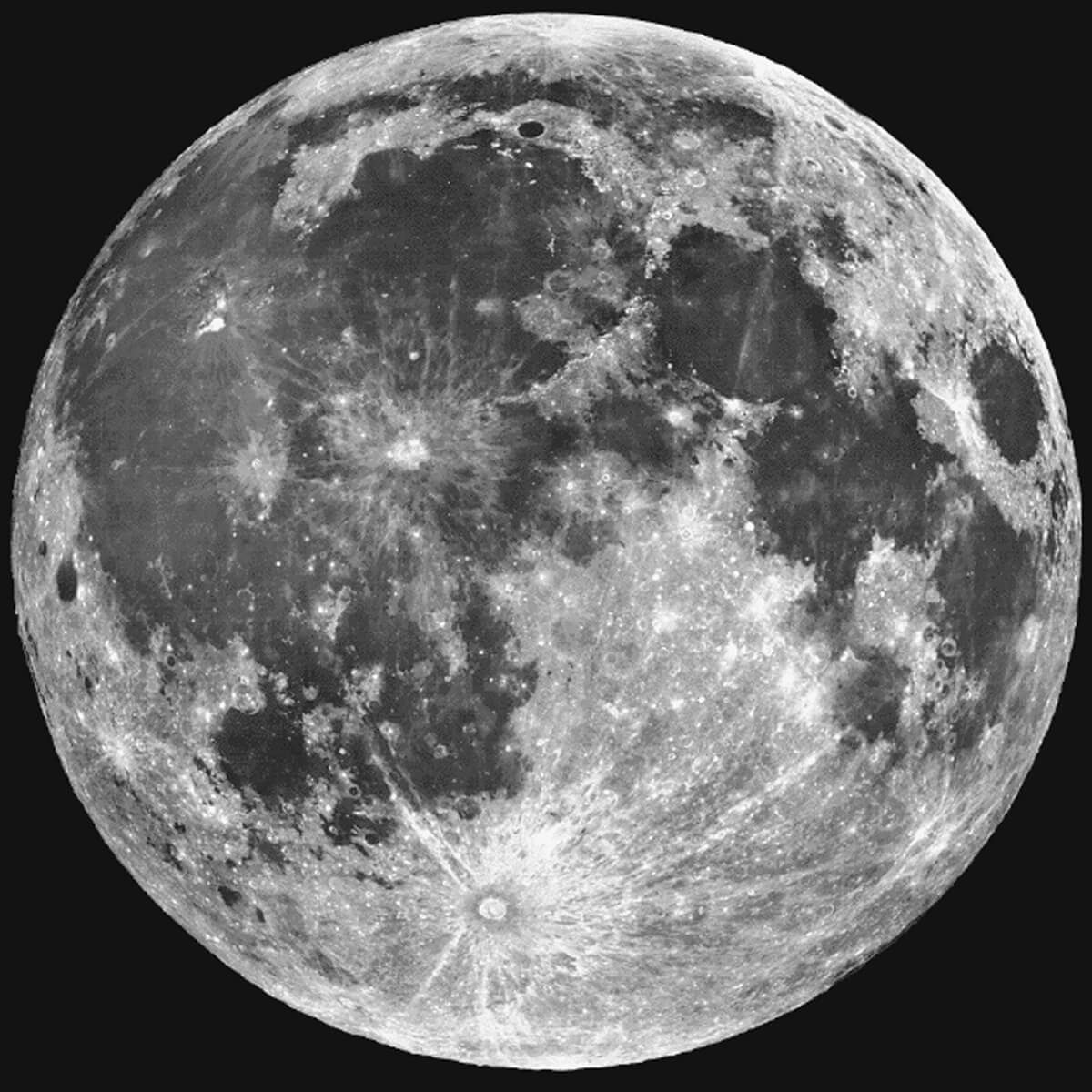 Large isolated image of the Moon in high-contrast showing the heavily cratered surface.
