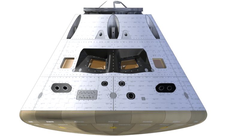 An isolated image of the Orion crew capsule. It is a squat conical shape with a flat top. The ouside is covered in white ceramic tiles with a pair of small, square windows in the middle, recessed at different angles with a black surround. Outside these windows there are two more even smaller square windows. There are various black and grey circular connection points scattered around the outside of the vehicle. The curved lower portion is covered in larger, beige coloured tiles which form the heat shield.
