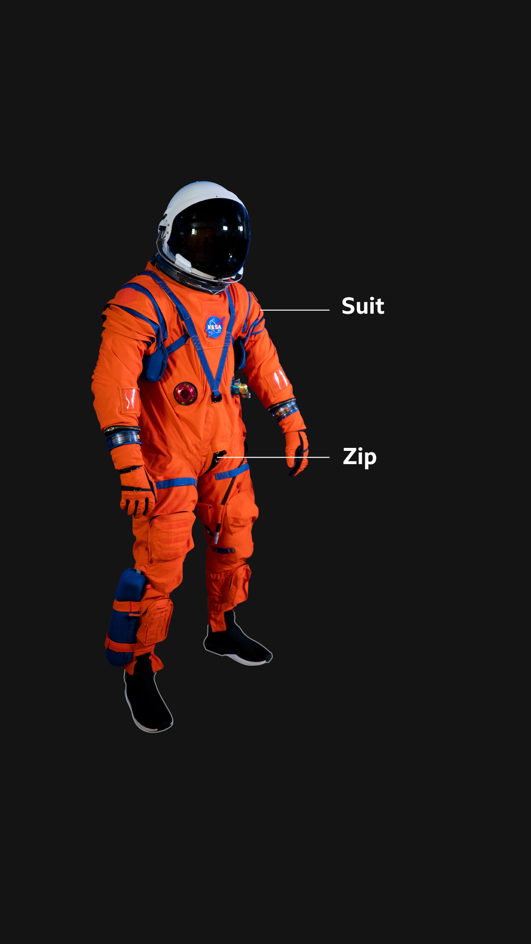 Isolated image of the orange Orion spacesuit with labels pointing to the suit and zip at the crotch.