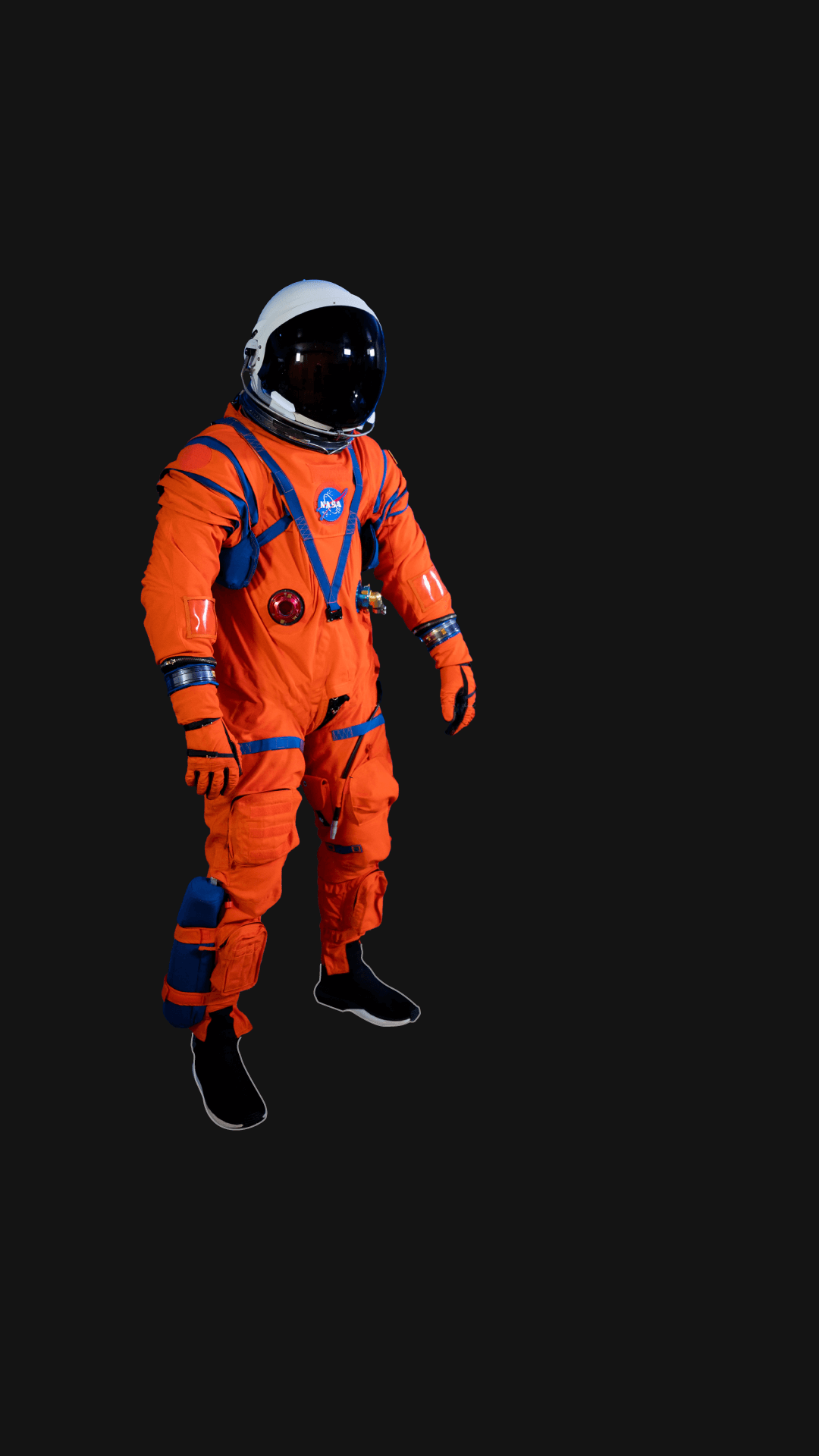 Isolated image of the orange Orion spacesuit without labels.