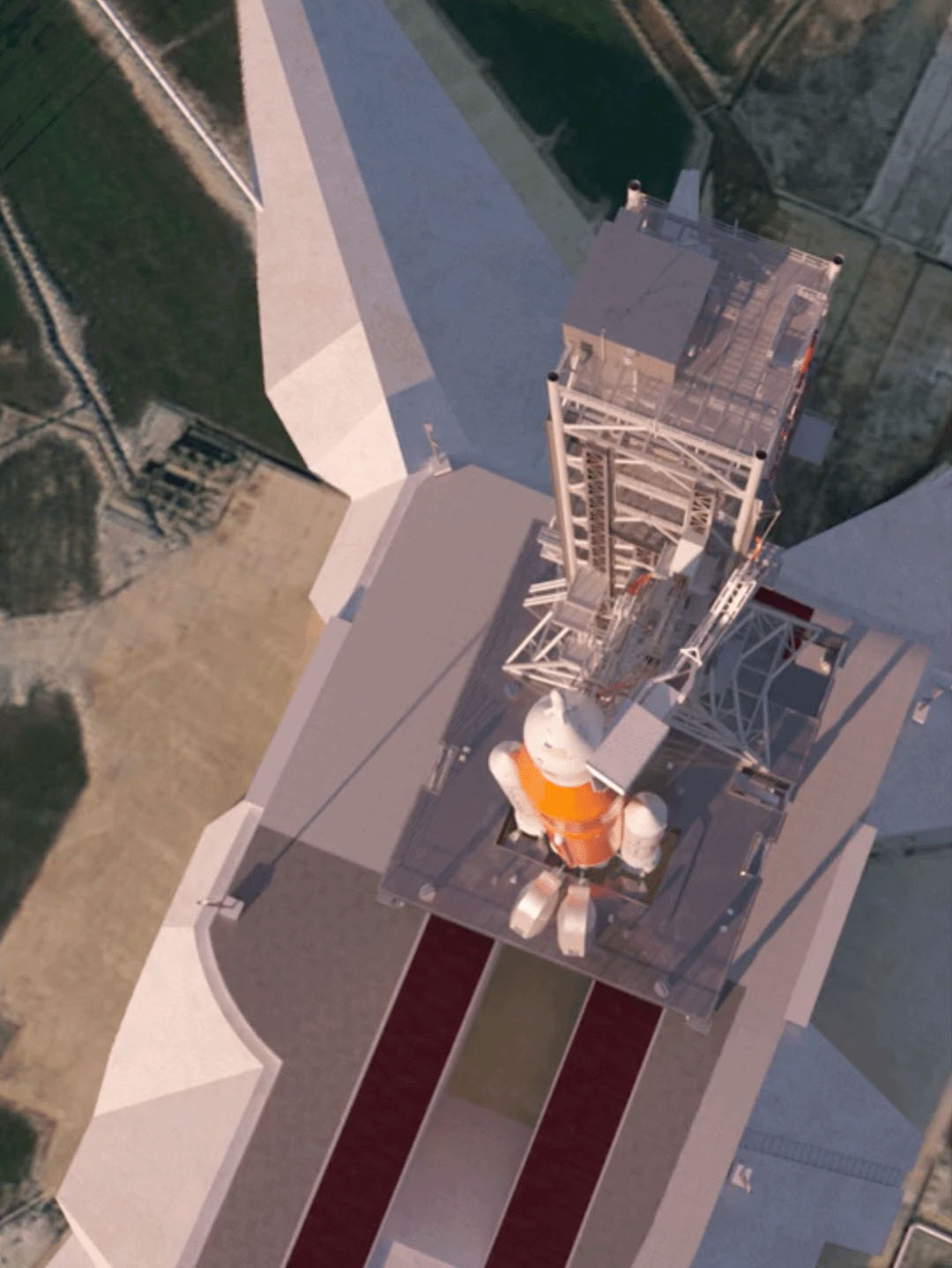 Computer-generated image of the SLS rocket taking off from the launchpad. The view is from above looking down at the rocket as it comes toward us with a plume of white smoke behind it errupting from its powerful engines. A large painted flag of the United States curves around the surface of the top section of the rocket.