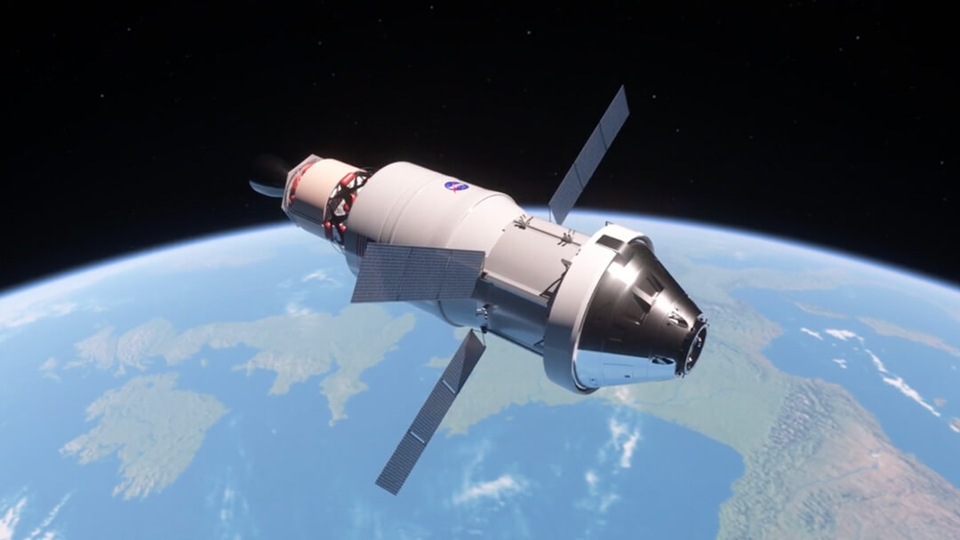 Computer-generated image of the Orion spacecraft orbiting the Earth. Orion is still attached to the ICPS - the final stage of the SLS rocket. The curvature of the Earth is shown behind as Orion extends its four solar arrays from the sides of the service module. At the front of the vehicle, the silver cone of the crew module gleams in the sunlight.