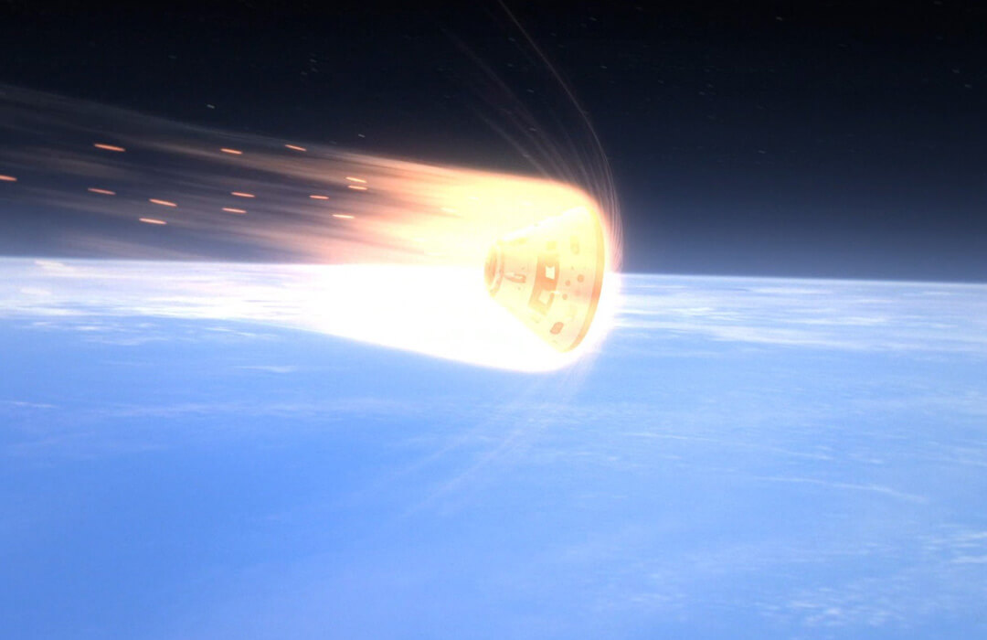 Artists impression of the Orion crew module re-entering the Earth's atmosphere. The conical capsule is high above the surface of the planet and surrounded in a fiery glow as it descends. A pressure wave can be seen curving out from just in front of the heat shield. Orange sparks trail behind the capsule.