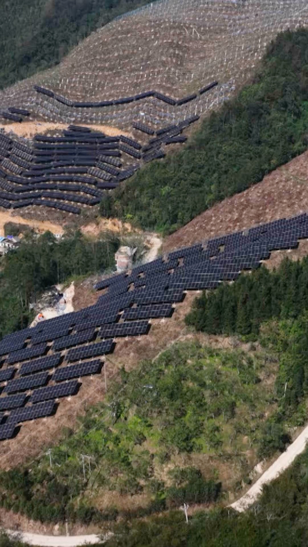 航拍畫面顯示,山坡上鋪滿一排排深色太陽能板,呈梯田式排列。周圍可見林木覆蓋的山坡、部分清理過的土地、蜿蜒的泥土道路,以及山腳下一小片建築群。