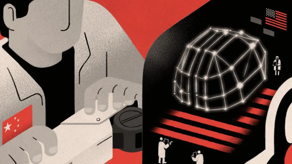 An illustration showing a worker with a Chinese flag on their chest operating a robot with the words "Made in China" on its front. Small human figures under a US flag are inside the robot's "brain"