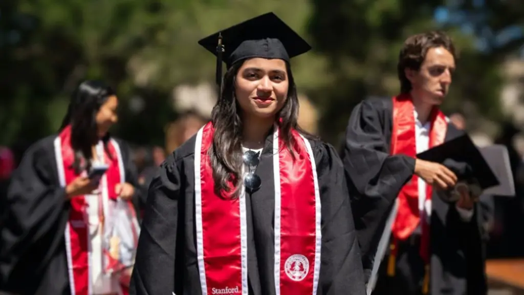 A stylised image of graduates in front of the Stanford University campus