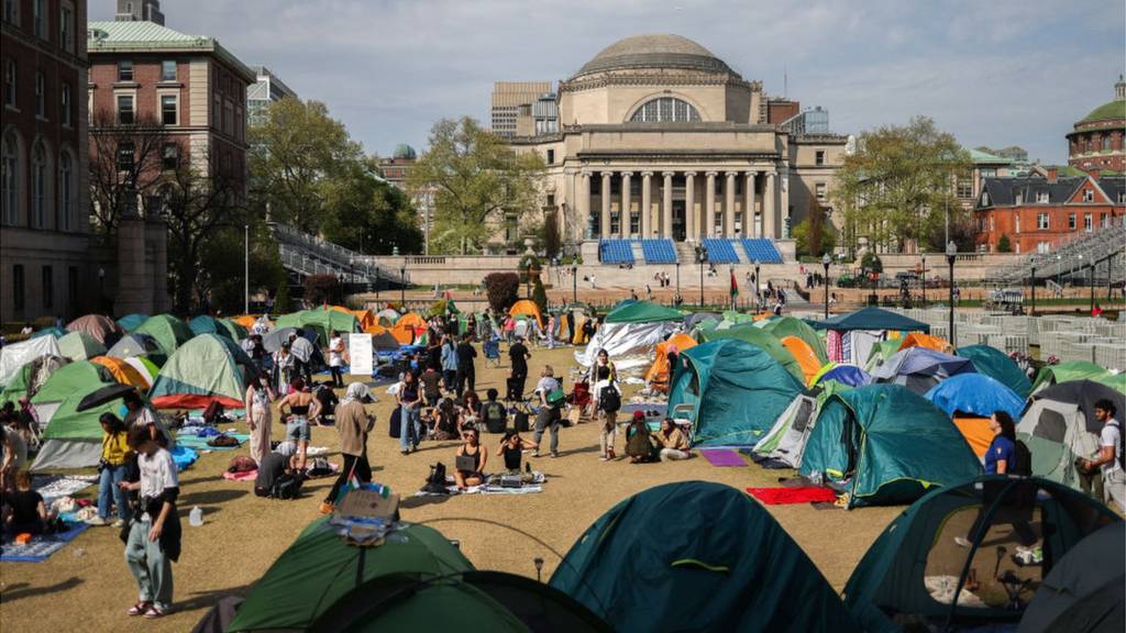 Pro-Palestinian encampment at the Columbia University on April 28, 2024 in New York City.