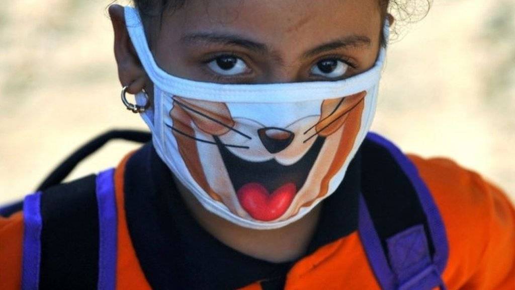 Days later in Awsim, close to Cairo, this schoolgirl sports a happy-looking mask.
