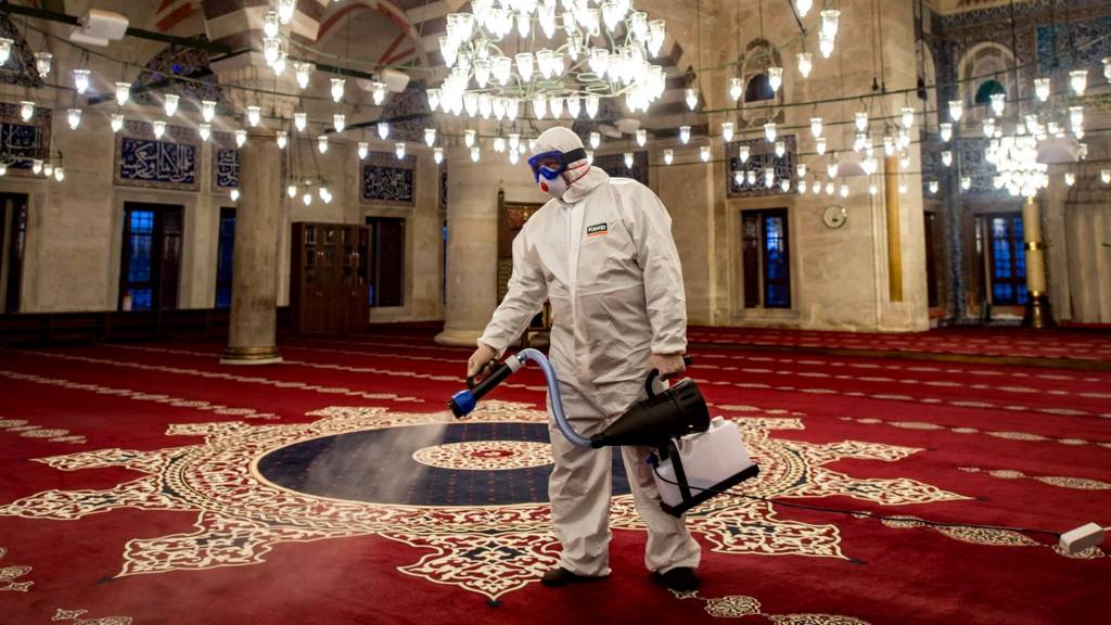 The Kilic Ali Pasa Mosque is Istanbul, Turkey, is disinfected to prevent the spread of Covid-19