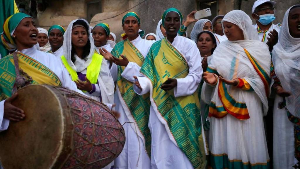 Ethiopian Orthodox Christian pilgrims gather ahead of a ceremony of the "Holy Fire" at the Deir Al-Sultan Monastery on the roof of the Holy Sepulchre Church in Jerusalem's Old City