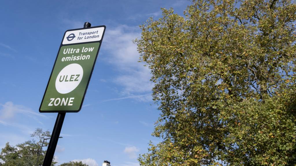 Ulez signage in London with tree in background against blue sky