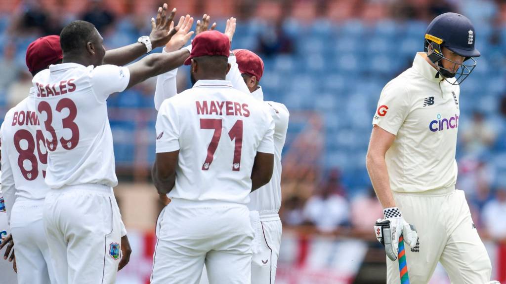 West Indies celebrate Zak Crawley wicket