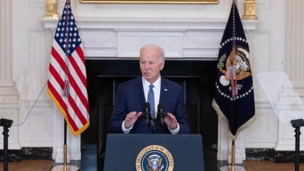 Joe Biden speaks at a podium at the White House