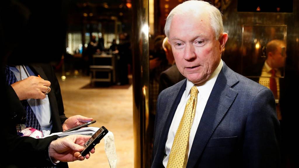 Senator Jeff Sessions arrives in the lobby of Republican president-elect Donald Trump's Trump Tower in New York, New York, November 2016.