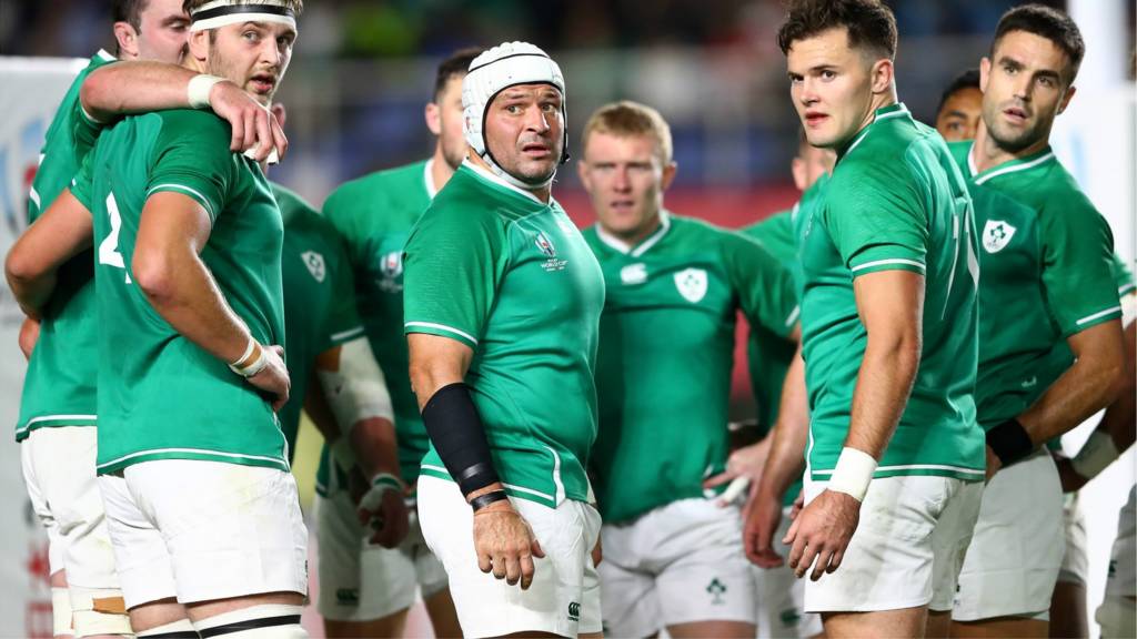 Ireland players Iain Henderson, left, Rory Best, second left, Jacob Stockdale, second right, and Conor Murray, right