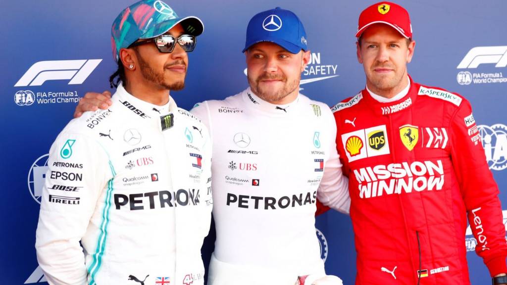 Mercedes' Lewis Hamilton and Valtteri Bottas joined by Ferrari's Sebastian Vettel