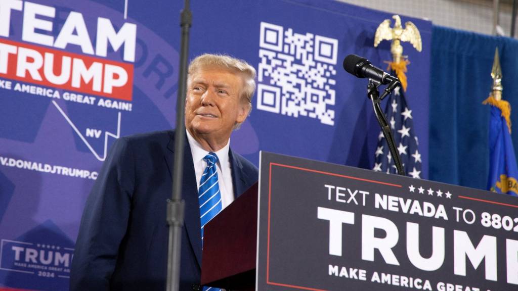Republican presidential candidate and former U.S. President Donald Trump speaks at a campaign rally ahead of the Republican caucus in Las Vegas, Nevada, U.S. January 27, 2024.